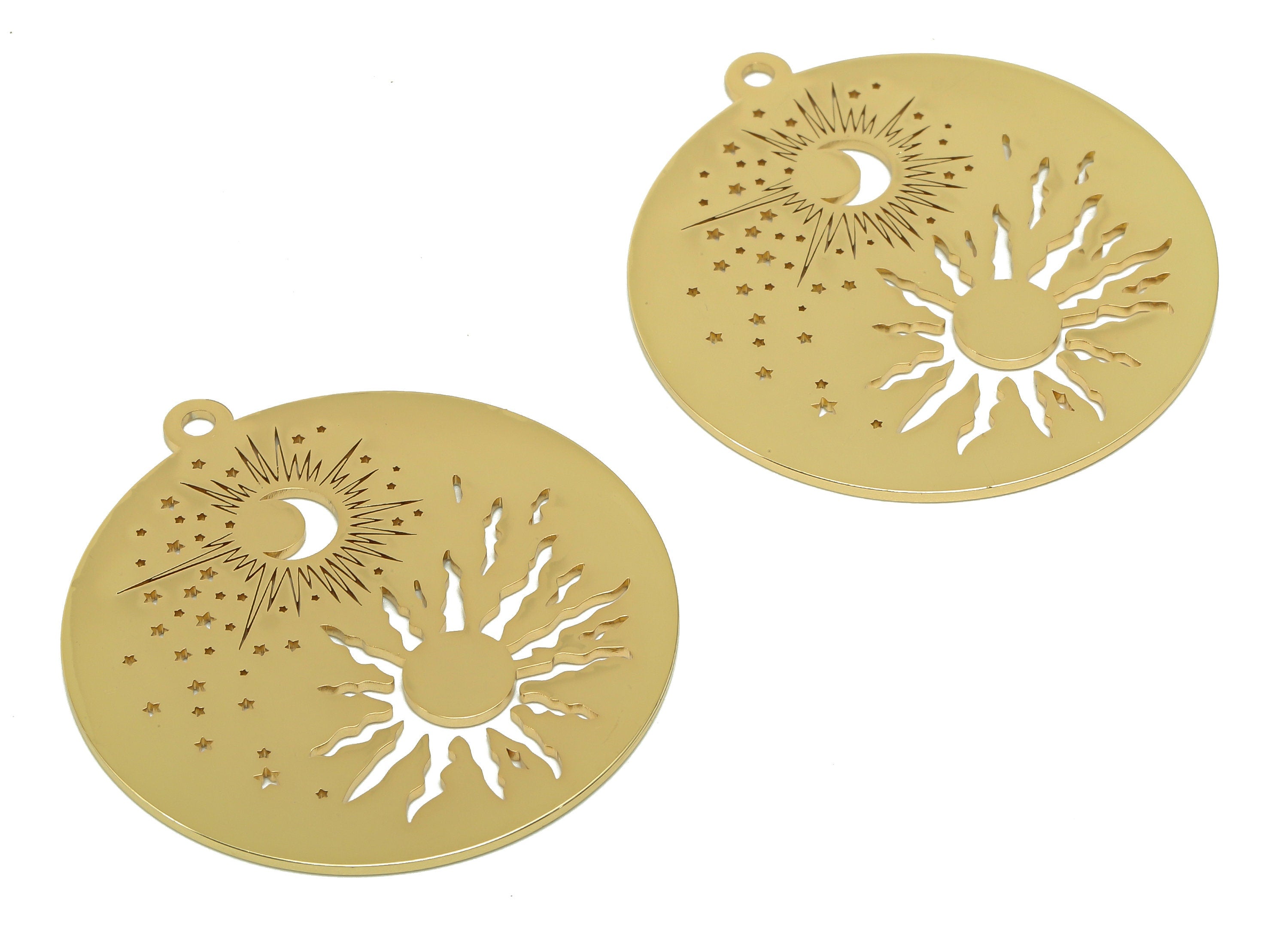 Steel Round Sun Space Earring - Crescent Star Pendant With Loop - 201 Stainless Steel - 18K Real Gold Plating Galaxy Charm-38x35x1mm-SS1400G - DOMEDBAZAAR
