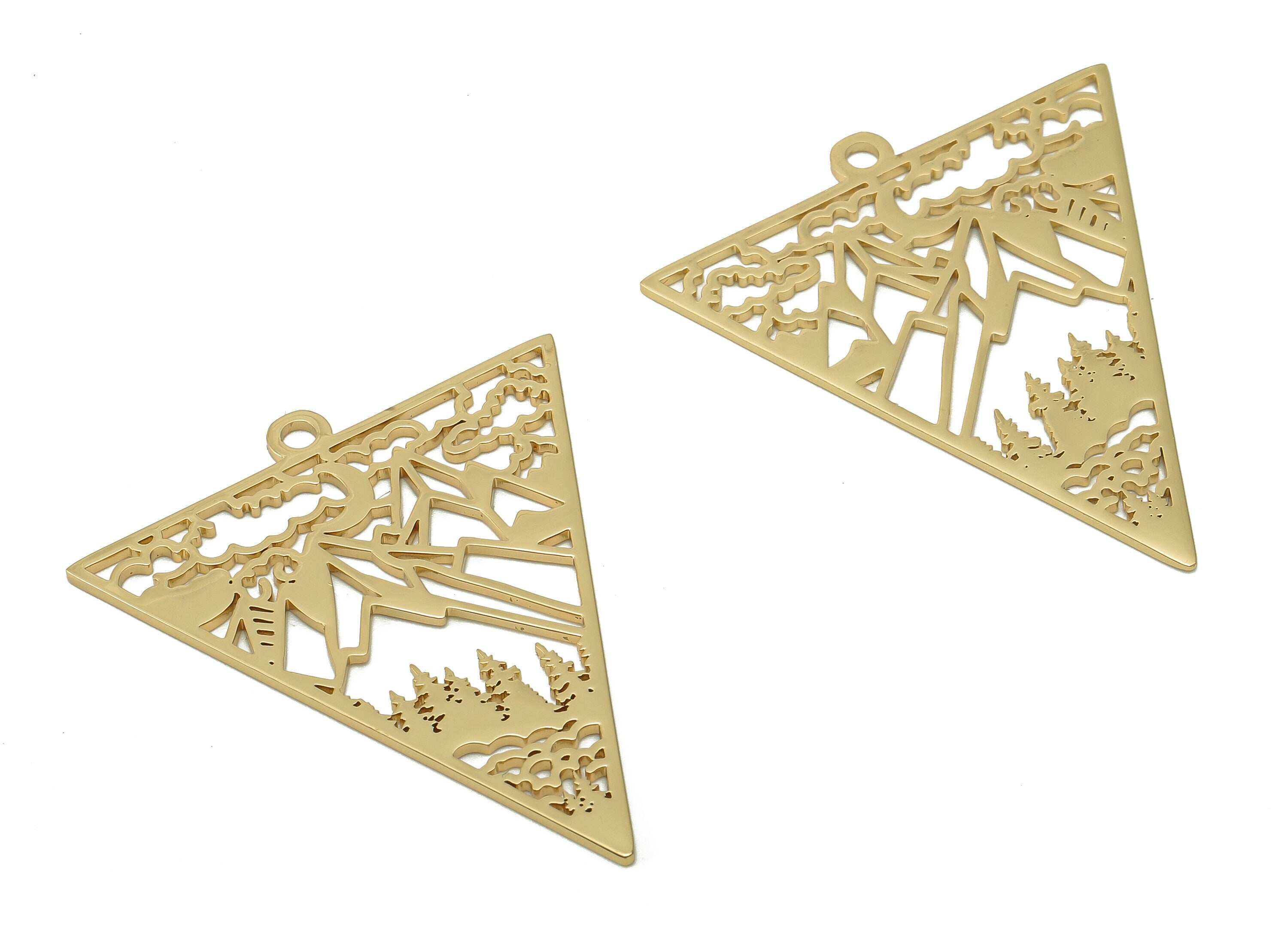 Steel Triangle Landscape Mountain Earring – Tree Cloud Pendant With Loop - 201 Stainless Steel - 18K Real Gold Plating - 38.8x33x1mm-SS1403G - DOMEDBAZAAR