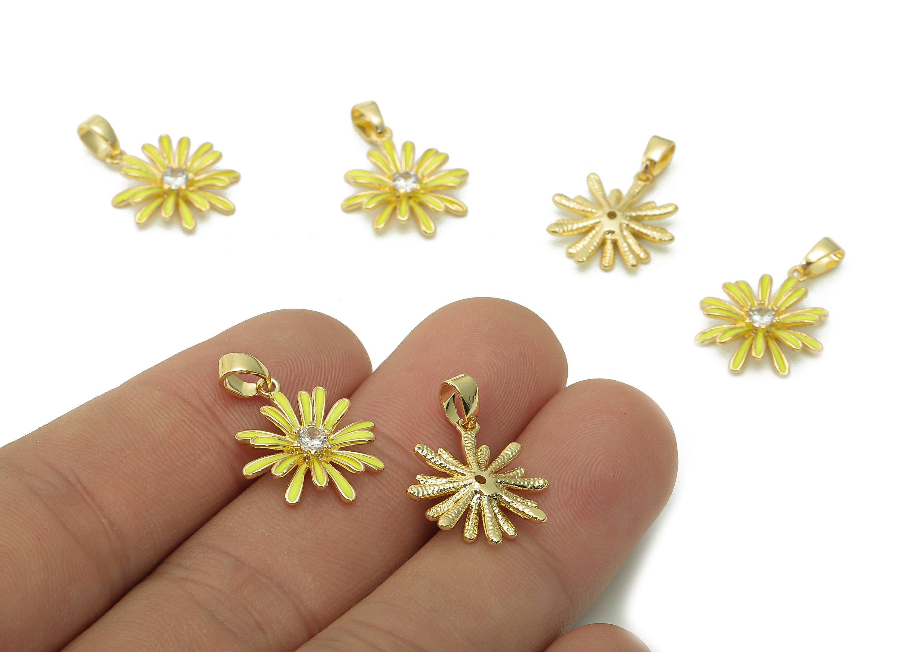 Brass Yellow Enamel Flower Pendant - Zircon Daisy Earring With Loop - Charm For Necklace - 18K Real Gold Plating - 17.4x15.1x2.7mm -RGP5421D - DOMEDBAZAAR
