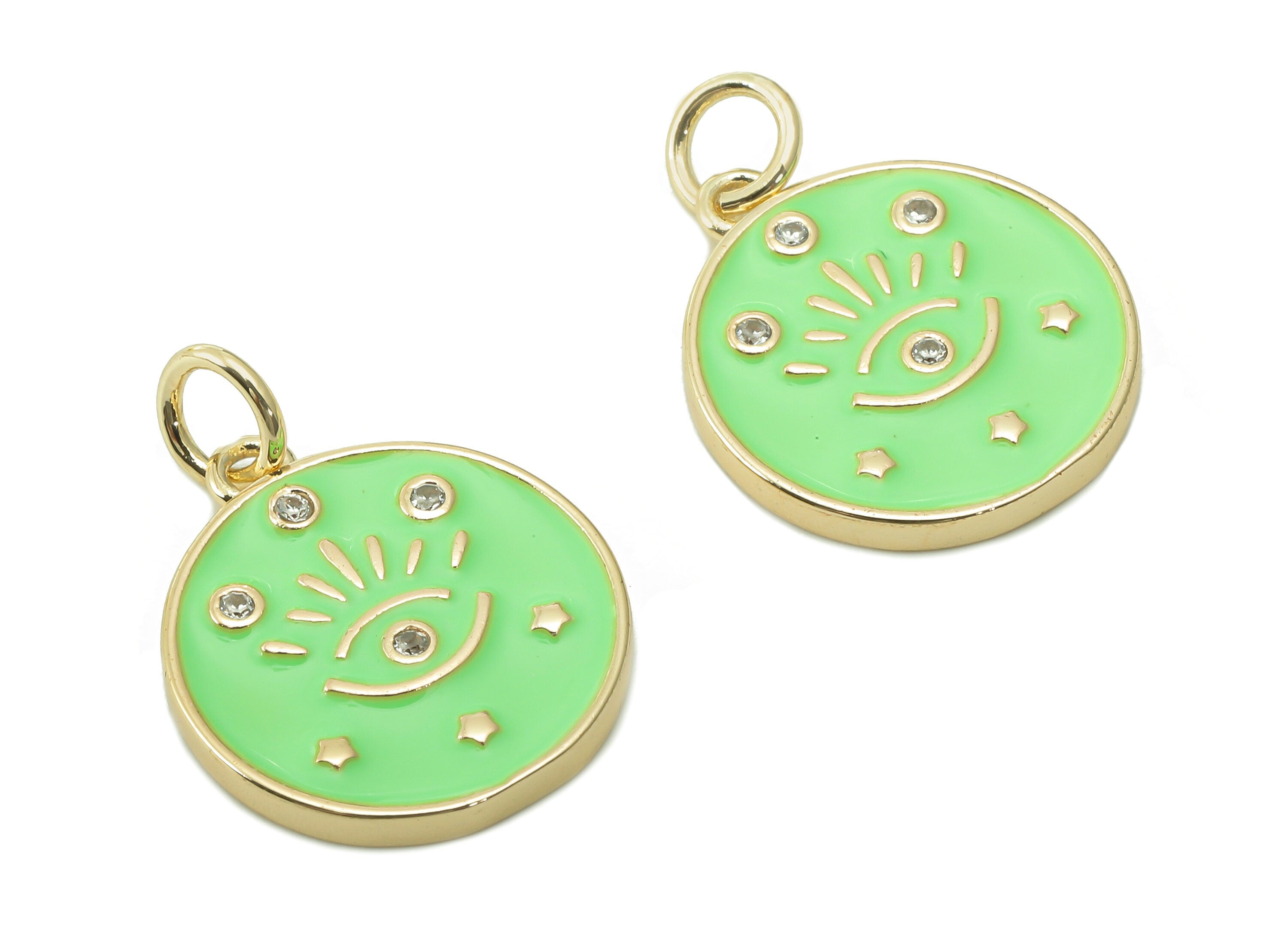 Brass Round Eyelash Pendant - Zircon Eye Bright Green Enamel Earring - Star Charm With Loop - 18K Real Gold Plating -17.1x15x1.8mm-RGP5426B - DOMEDBAZAAR