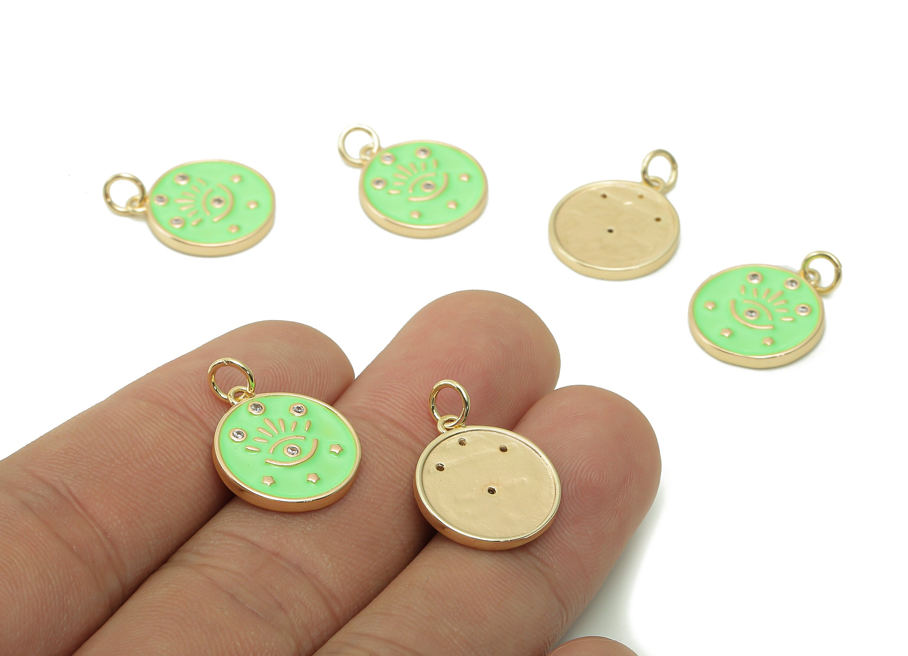 Brass Round Eyelash Pendant - Zircon Eye Bright Green Enamel Earring - Star Charm With Loop - 18K Real Gold Plating -17.1x15x1.8mm-RGP5426B - DOMEDBAZAAR