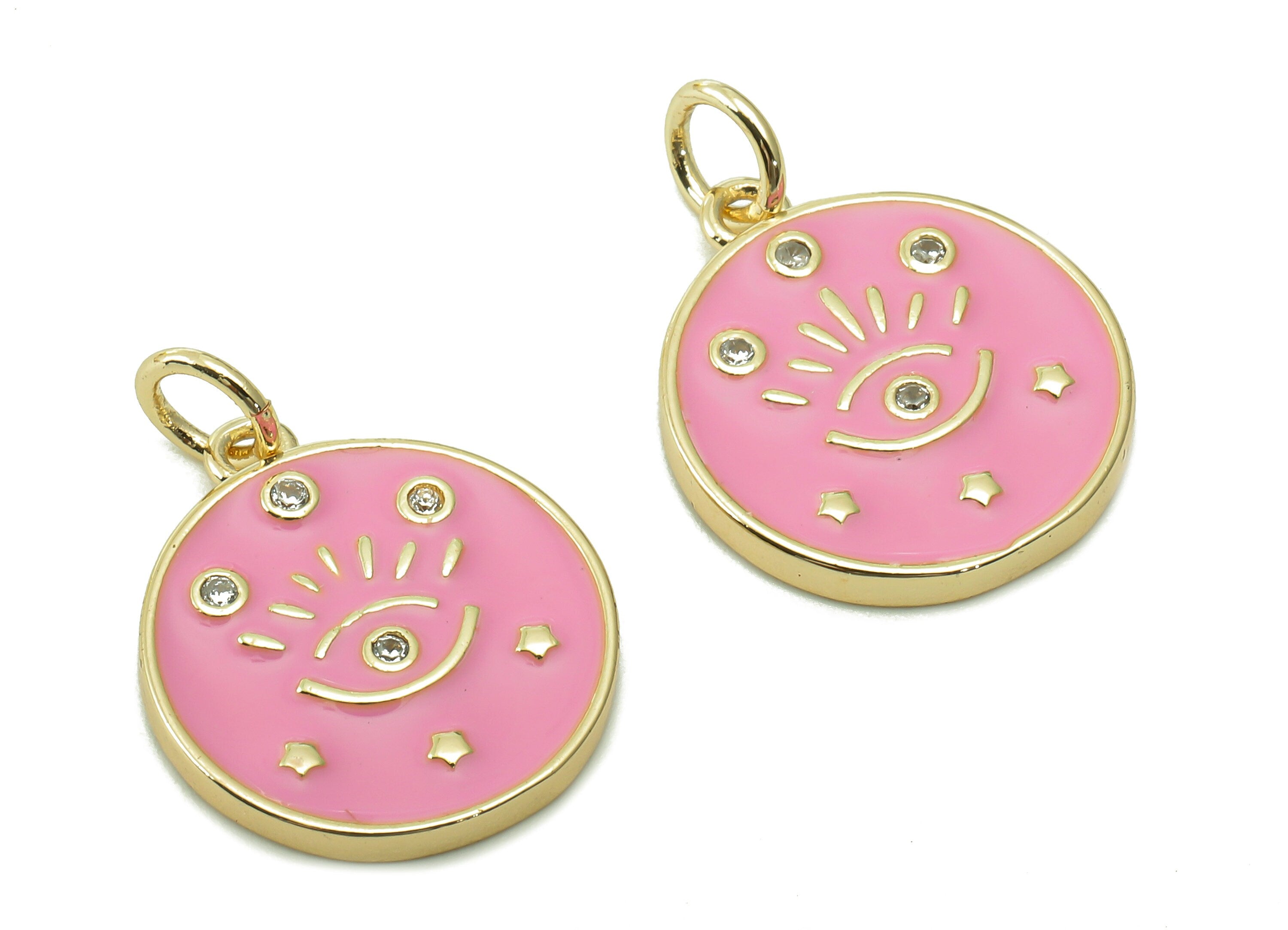 Brass Round Eyelash Pendant - Zircon Eye Light Pink Enamel Earring - Star Charm With Loop - 18K Real Gold Plating -17.1x15x1.8mm-RGP5426C - DOMEDBAZAAR