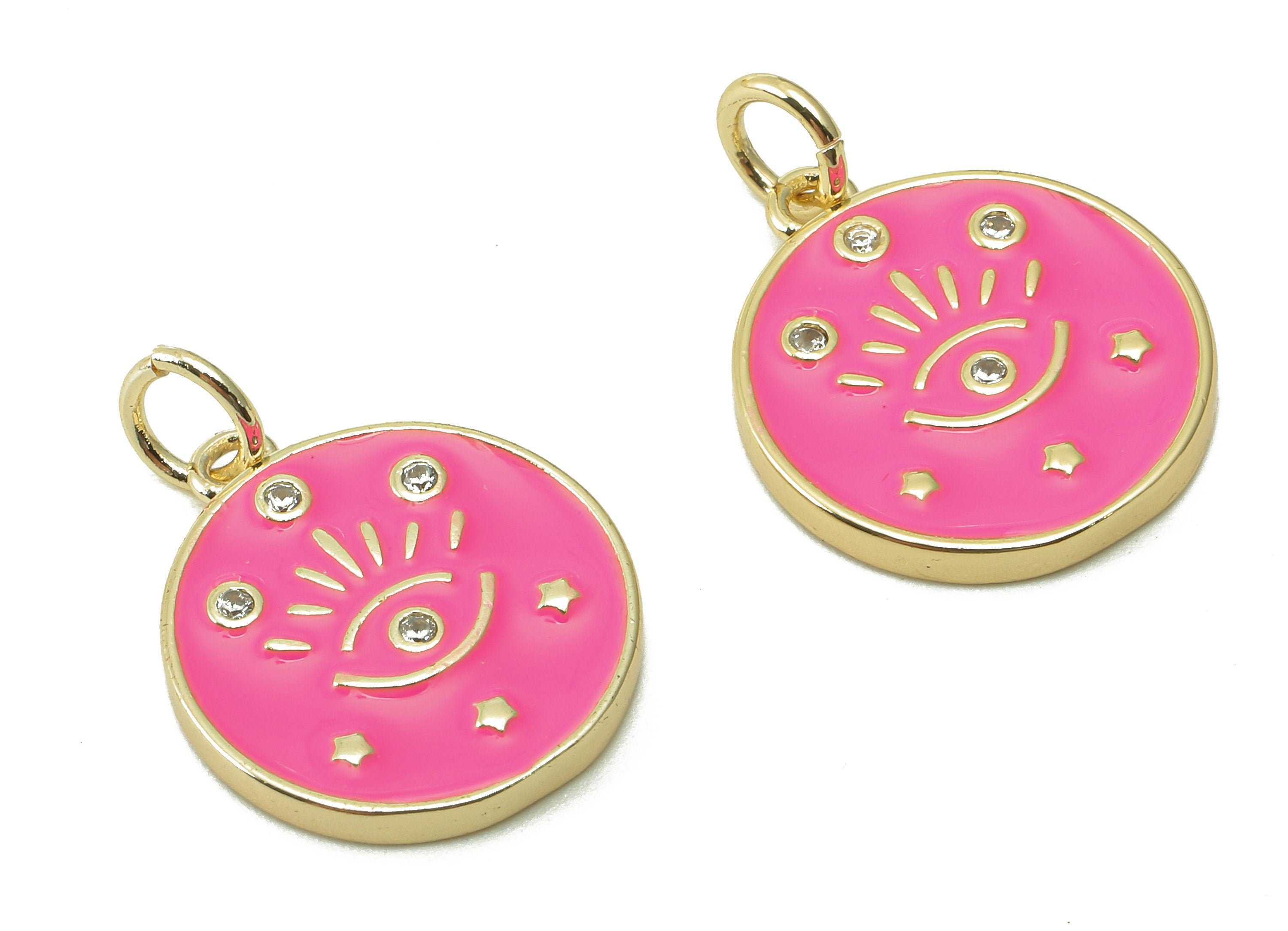 Brass Round Eyelash Pendant - Zircon Eye Bright Pink Enamel Earring - Star Charm With Loop - 18K Real Gold Plating -17.1x15x1.8mm-RGP5426D - DOMEDBAZAAR