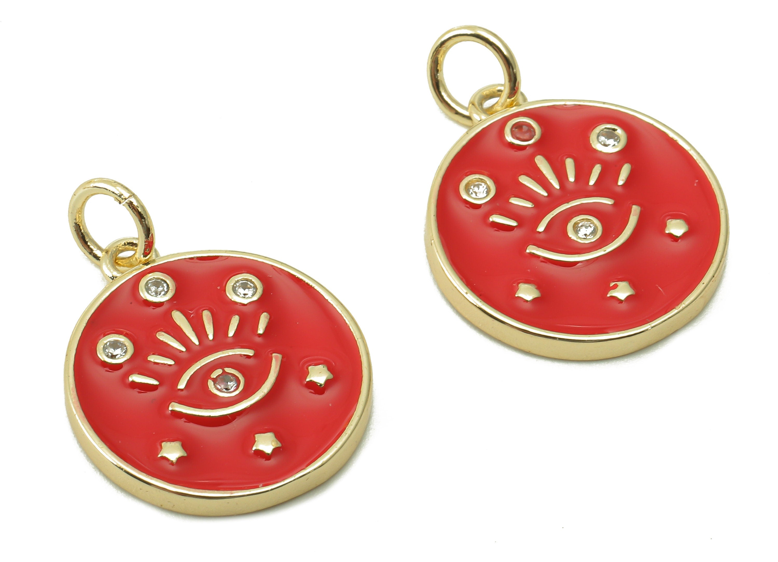 Brass Round Eyelash Pendant - Zircon Eye Red Enamel Earring - Star Bracelet Charm With Loop - 18K Real Gold Plating -17.1x15x1.8mm-RGP5426E - DOMEDBAZAAR