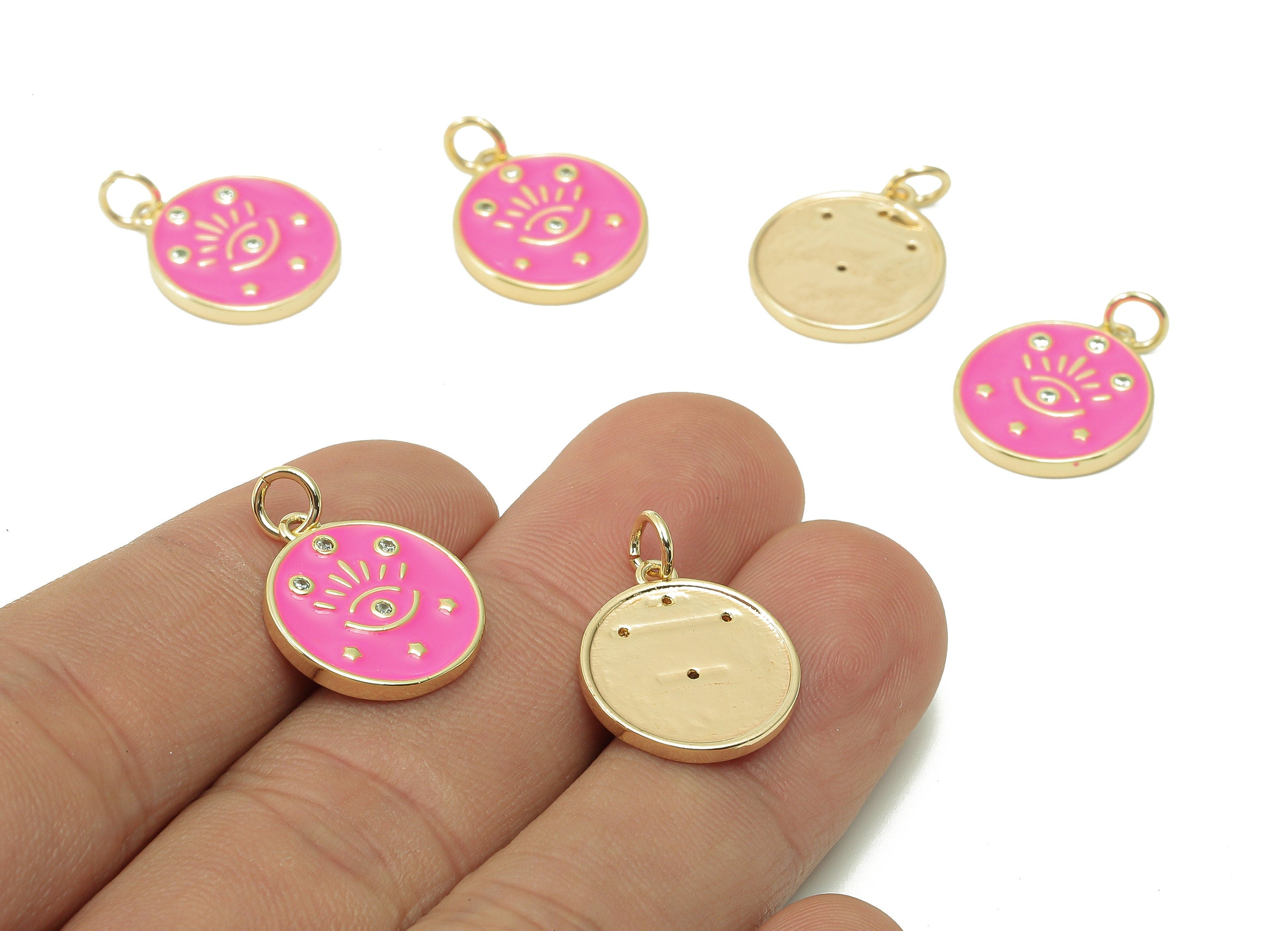 Brass Round Eyelash Pendant - Zircon Eye Bright Pink Enamel Earring - Star Charm With Loop - 18K Real Gold Plating -17.1x15x1.8mm-RGP5426D - DOMEDBAZAAR