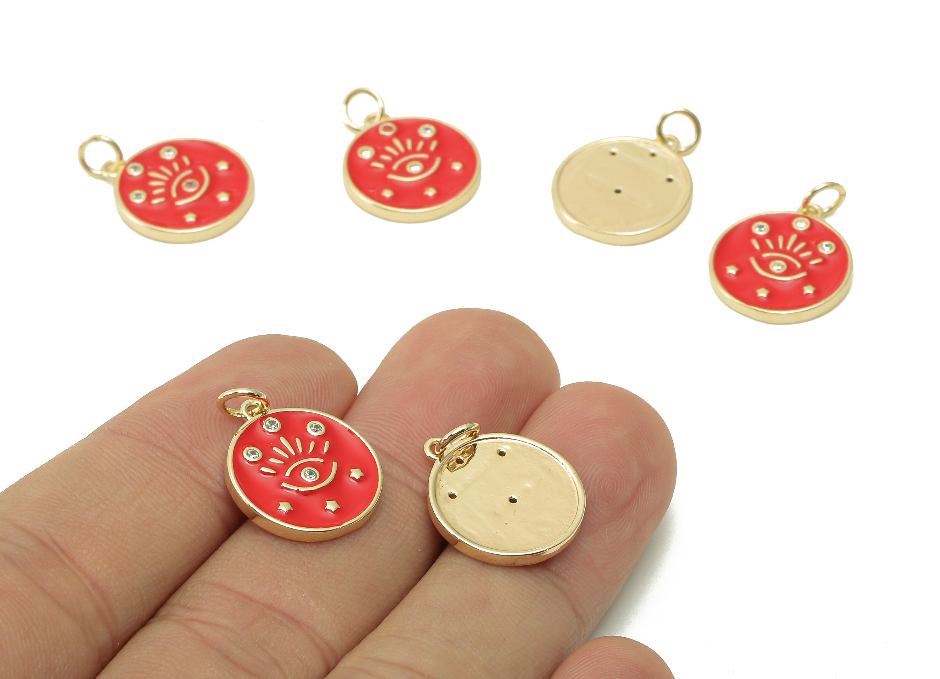 Brass Round Eyelash Pendant - Zircon Eye Red Enamel Earring - Star Bracelet Charm With Loop - 18K Real Gold Plating -17.1x15x1.8mm-RGP5426E - DOMEDBAZAAR