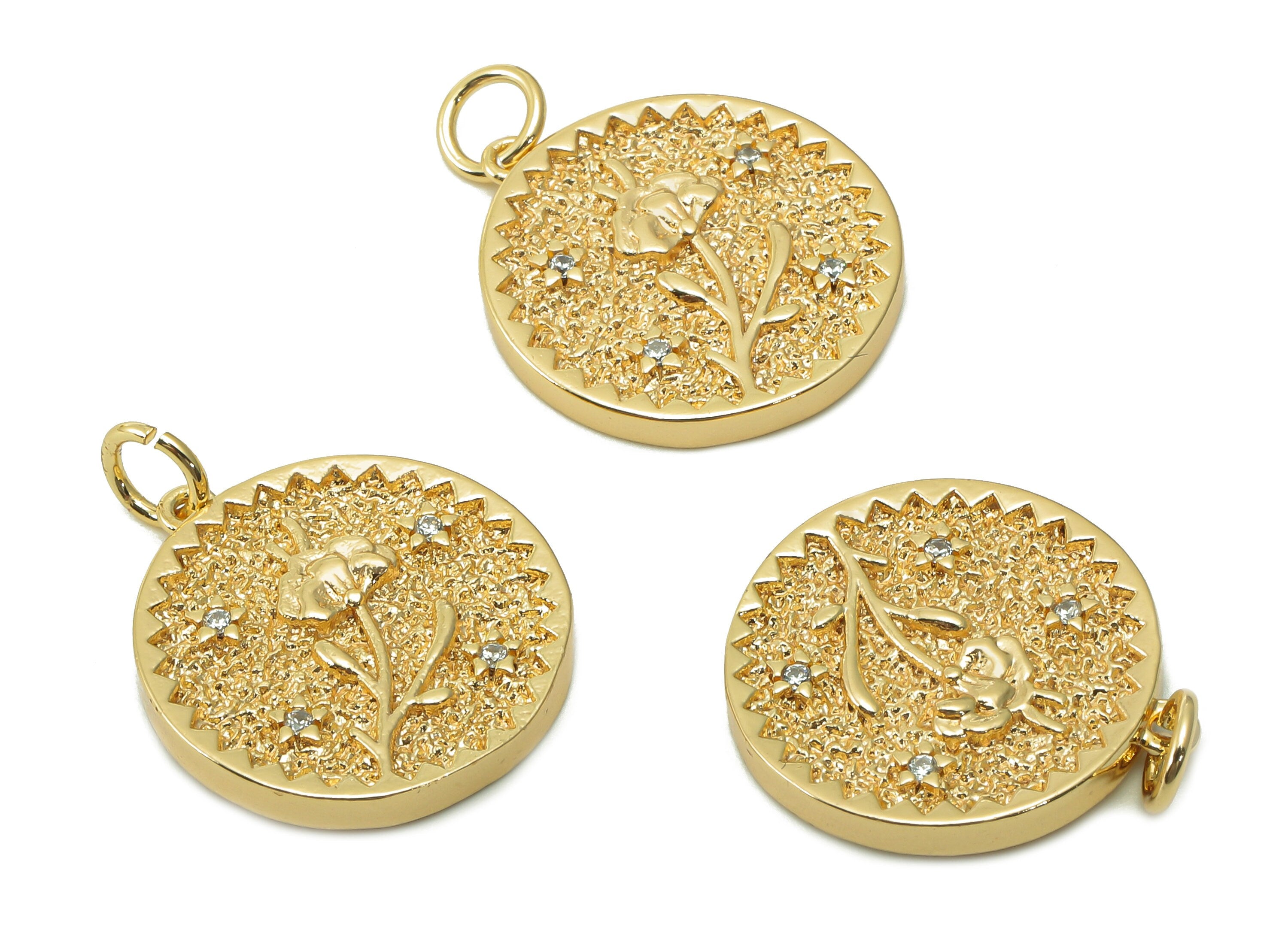 Brass Zig Zag Round Pendant - Zircon Flower Earring - Botanical Charm With Loop - 18K Real Gold Plating Necklace - 19.5x17.5x2.5mm -RGP5409B - DOMEDBAZAAR