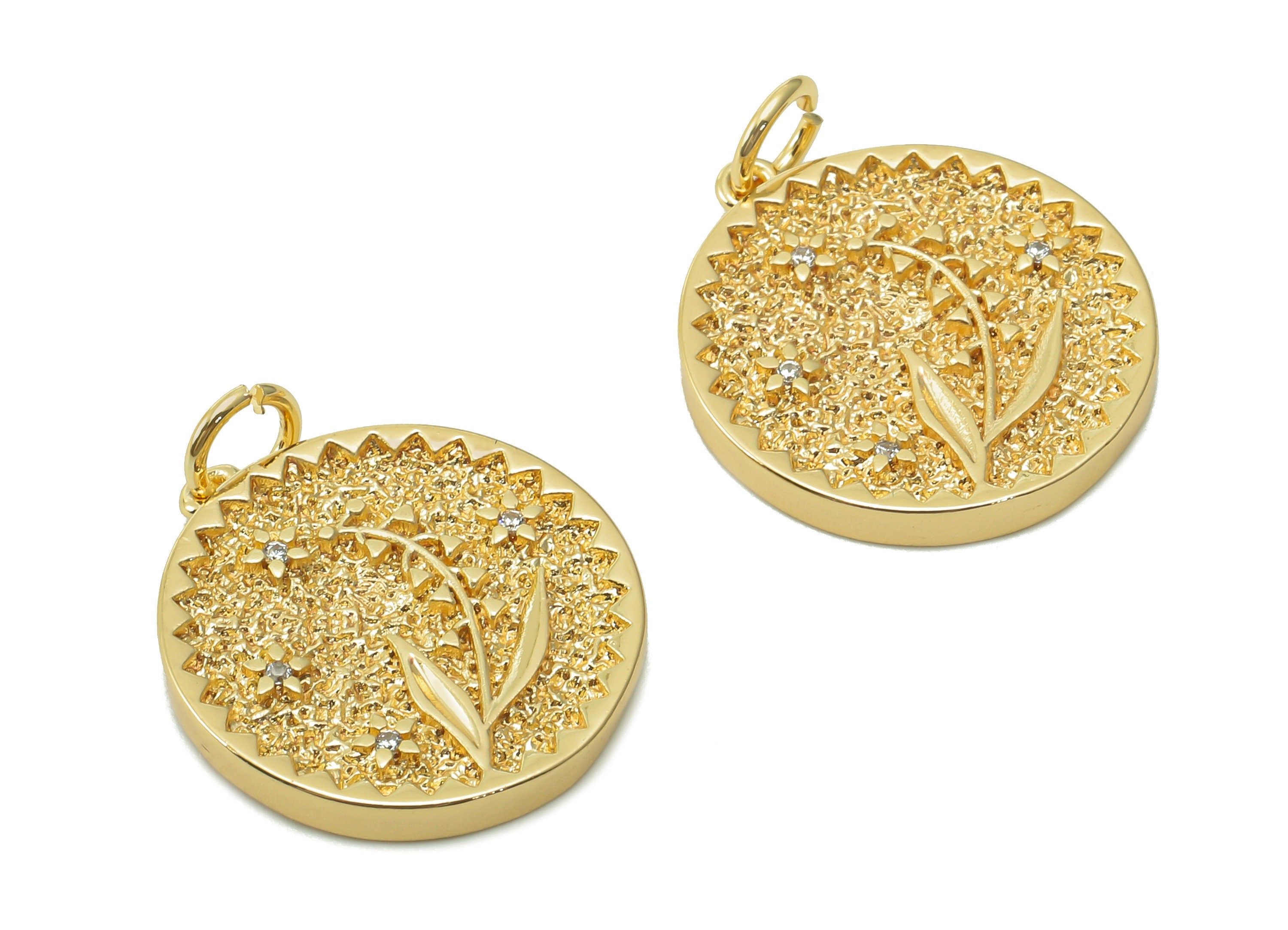 Brass Zig Zag Round Pendant - Zircon Flower Earring - Botanical Charm With Loop - 18K Real Gold Plating - 19.5x17.5x2.5mm - RGP5409C - DOMEDBAZAAR