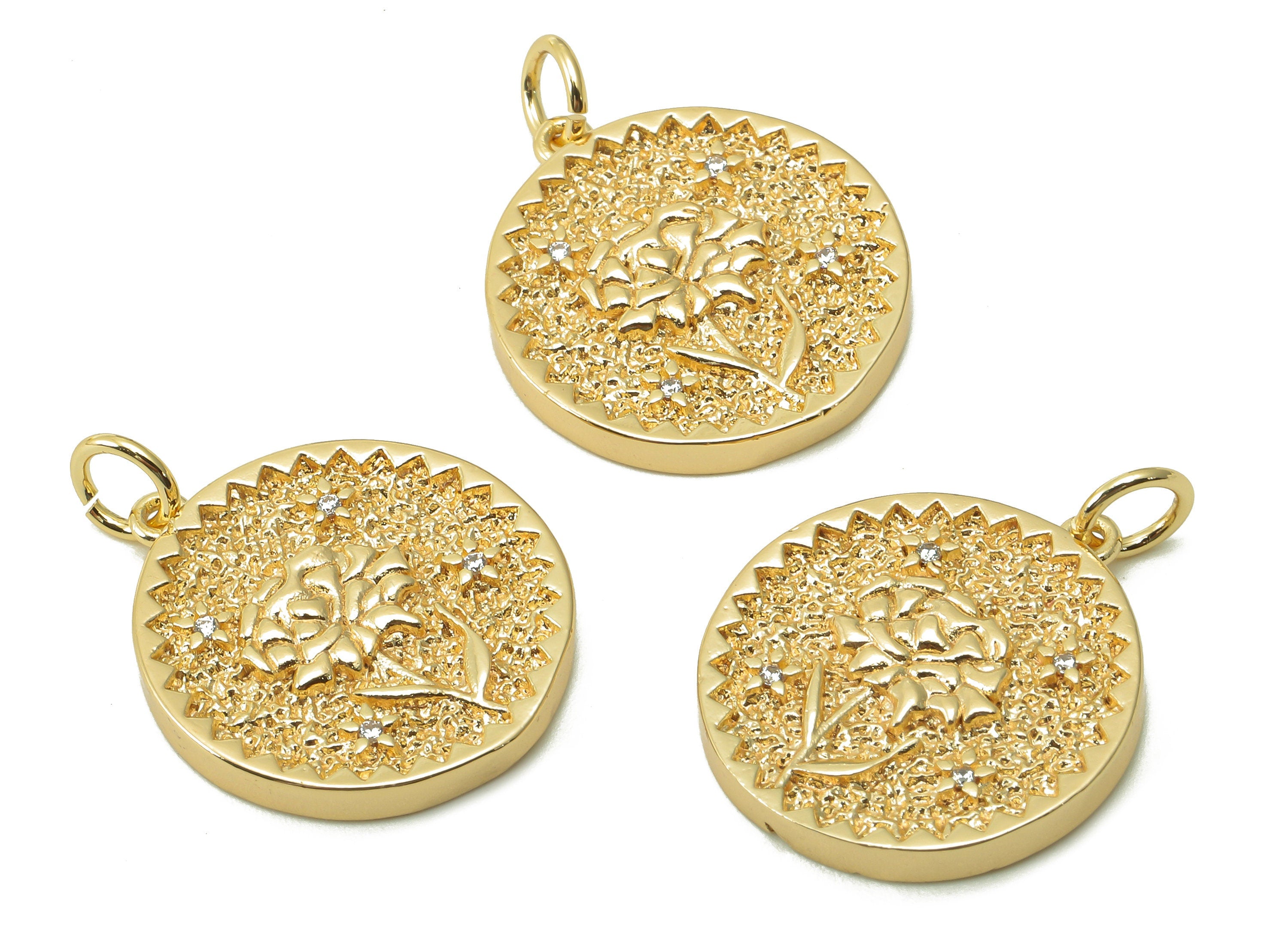 Brass Zig Zag Round Pendant - Zircon Rose Flower Earring - Botanical Charm With Loop - 18K Real Gold Plating - 19.5x17.5x2.5mm - RGP5409D - DOMEDBAZAAR