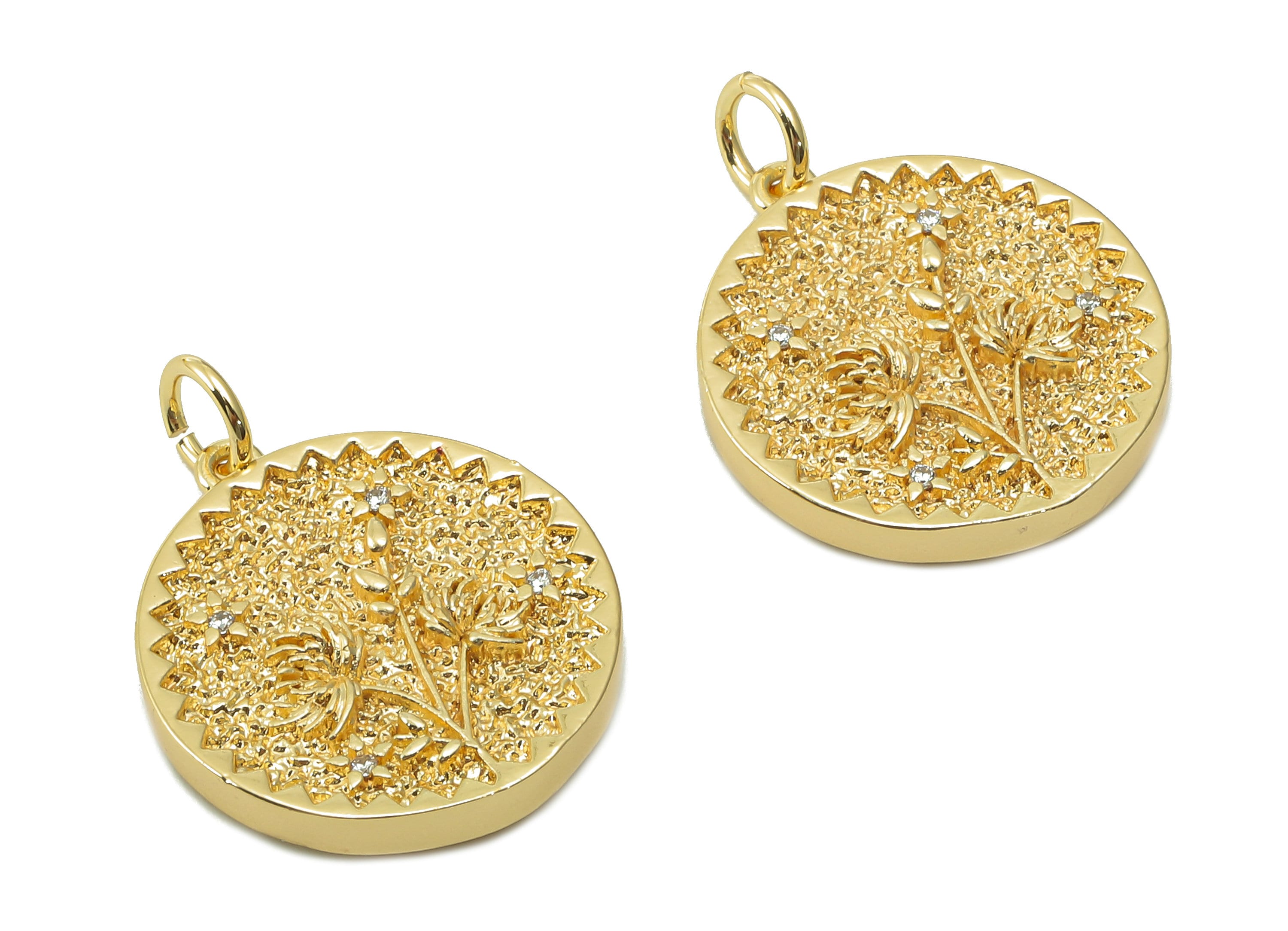 Brass Zig Zag Round Pendant - Zircon Red Spider Lily Earring - Botanical Charm With Loop - 18K Real Gold Plating - 19.5x17.5x2.5mm -RGP5409E - DOMEDBAZAAR