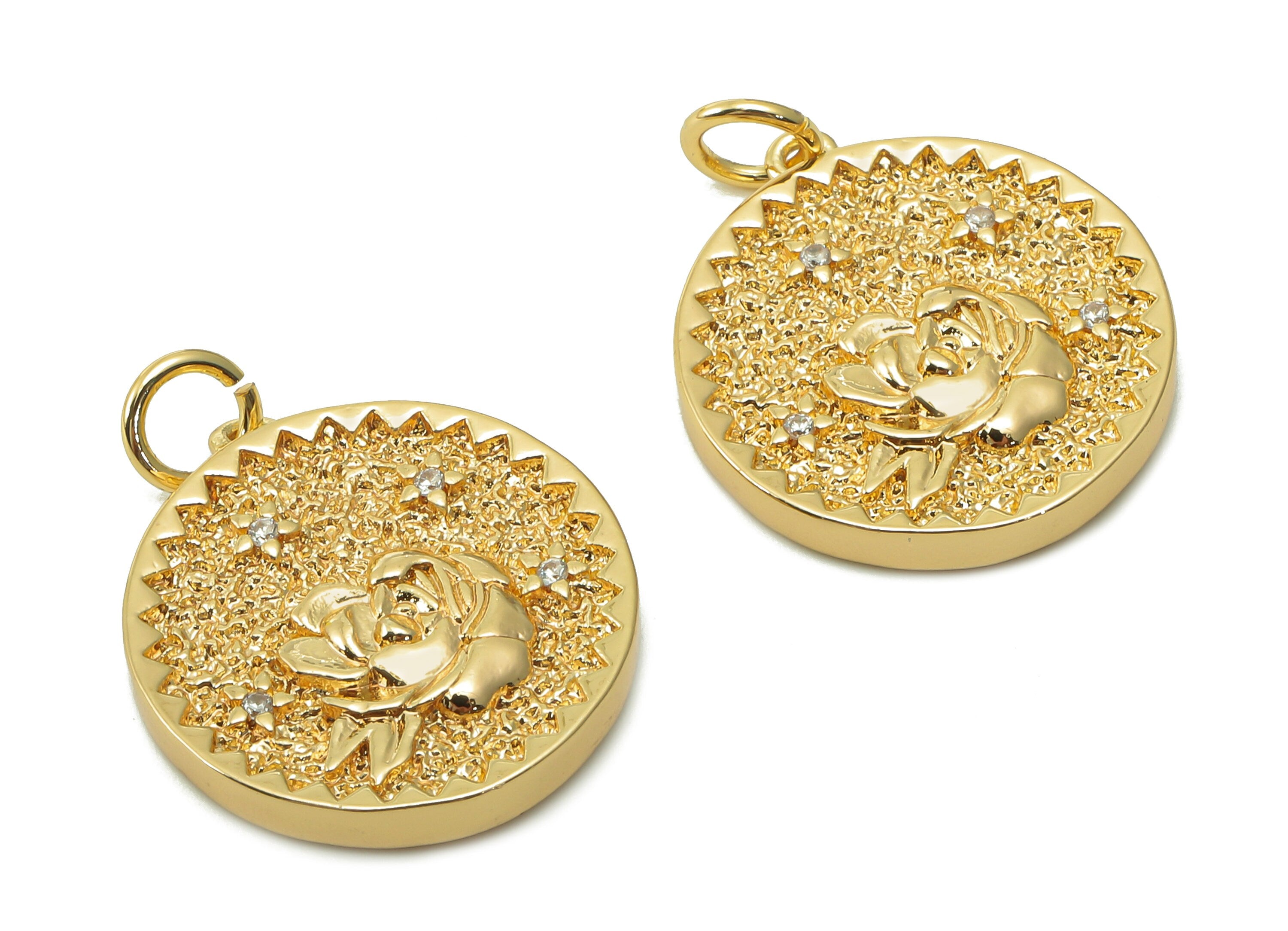 Brass Zig Zag Round Pendant - Zircon Ixora Flower Earring - Botanical Charm With Loop - 18K Real Gold Plating - 19.5x17.5x2.5mm - RGP5409F - DOMEDBAZAAR