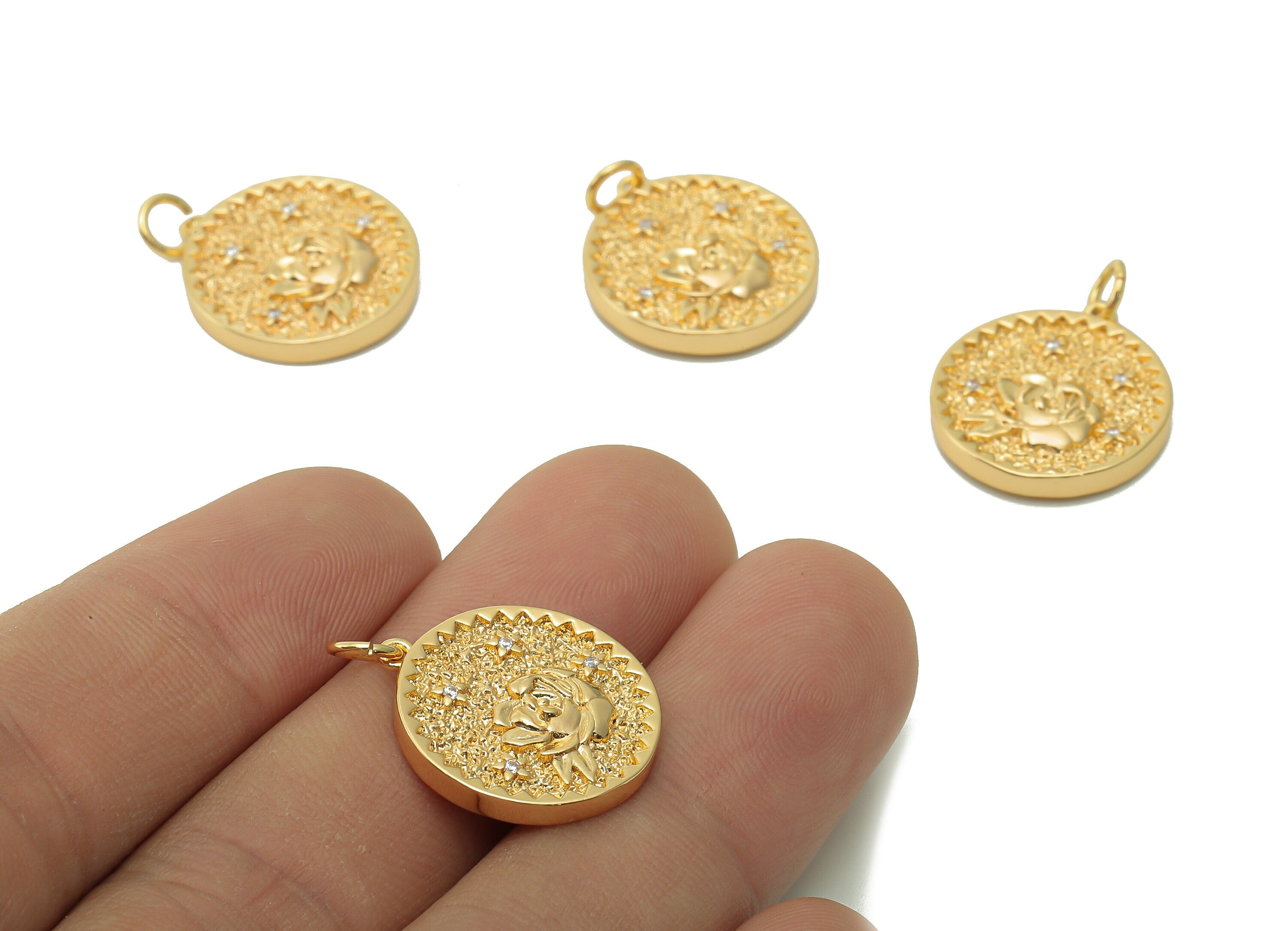 Brass Zig Zag Round Pendant - Zircon Ixora Flower Earring - Botanical Charm With Loop - 18K Real Gold Plating - 19.5x17.5x2.5mm - RGP5409F - DOMEDBAZAAR