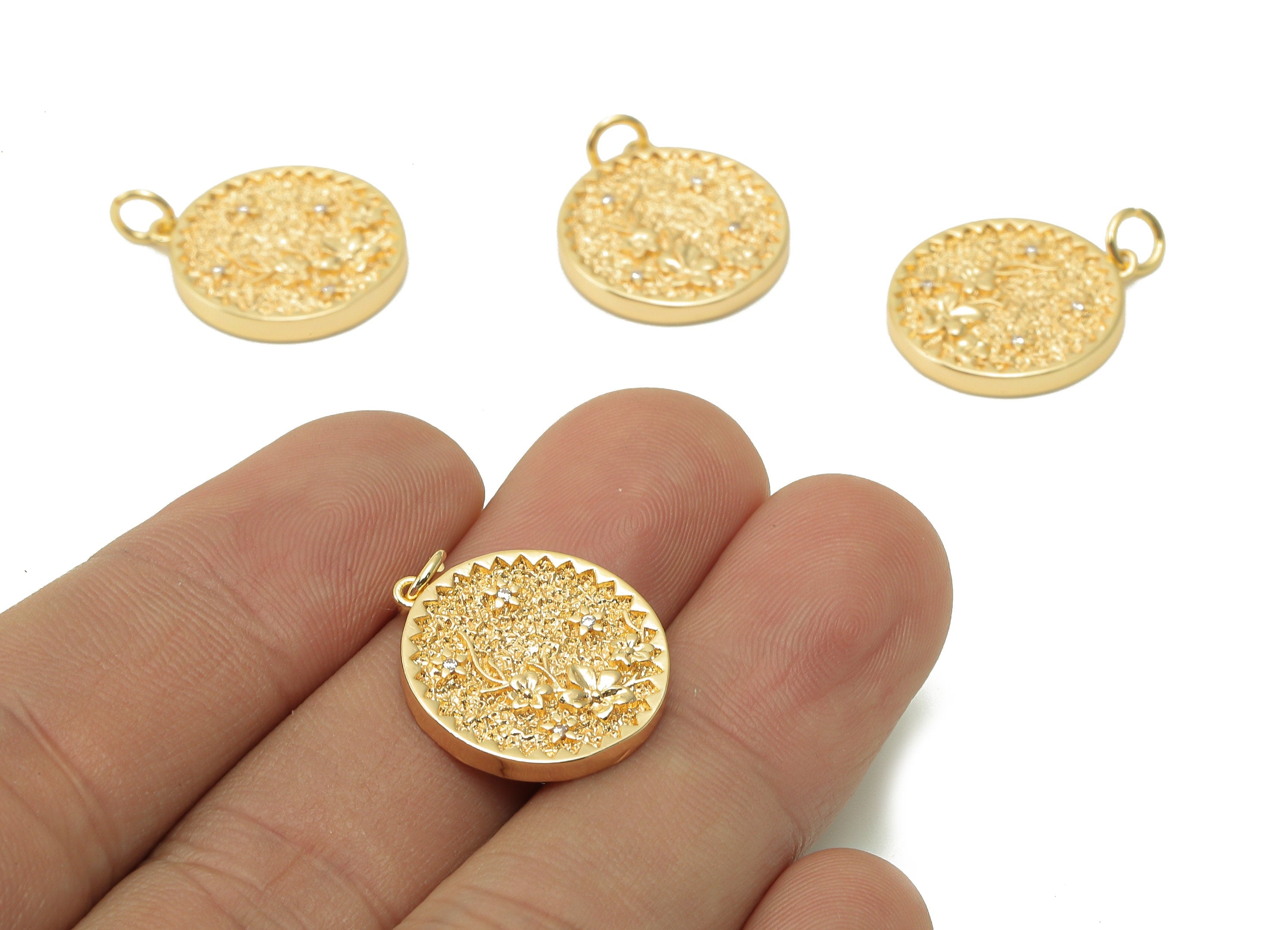 Brass Zig Zag Round Pendant - Zircon Periwinkle Flower Earring - Botanical Charm With Loop -18K Real Gold Plating - 19.5x17.5x2.5mm-RGP5409G - DOMEDBAZAAR