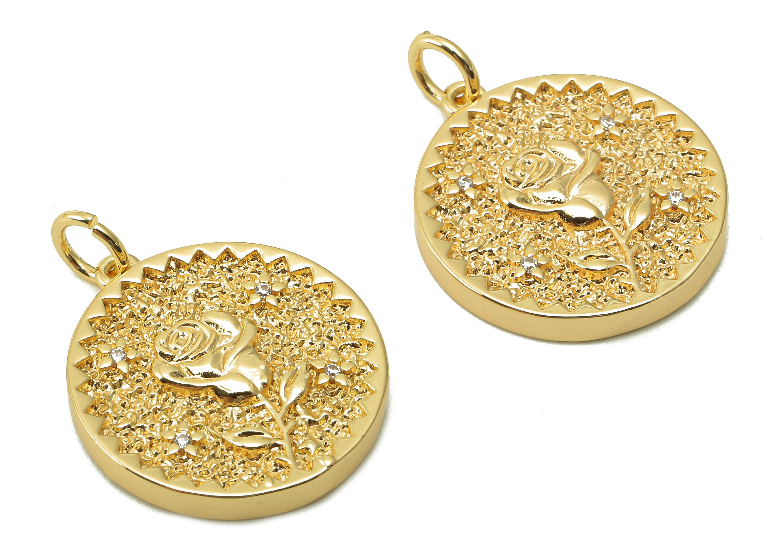 Brass Zig Zag Round Pendant - Zircon Rose Flower Earring - Botanical Charm With Loop - 18K Real Gold Plating - 19.5x17.5x2.5mm - RGP5409H - DOMEDBAZAAR