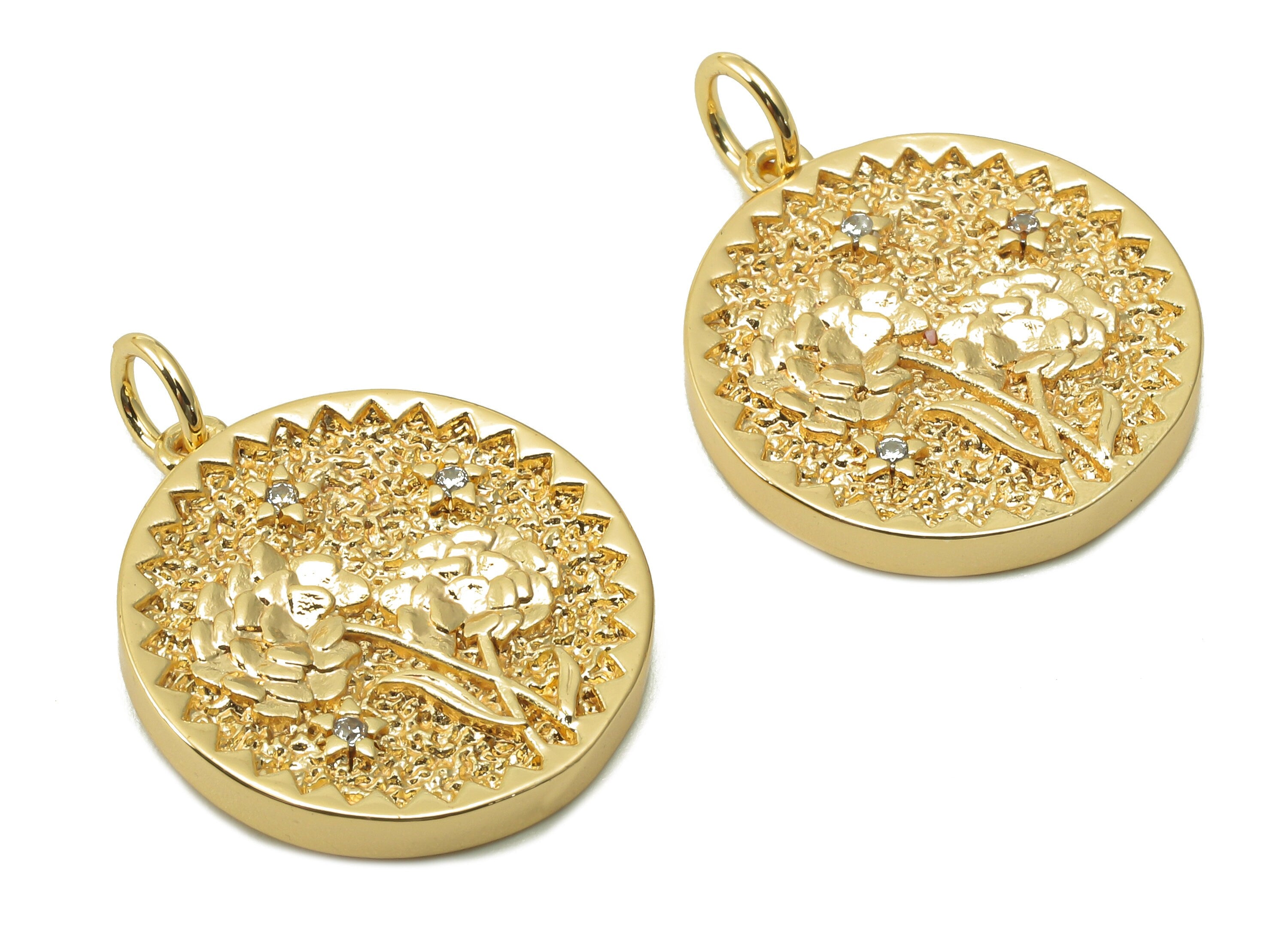 Brass Zig Zag Round Pendant - Zircon Carnation Flower Earring - Botanical Charm With Loop - 18K Real Gold Plating - 19.5x17.5x2.5mm-RGP5409K - DOMEDBAZAAR