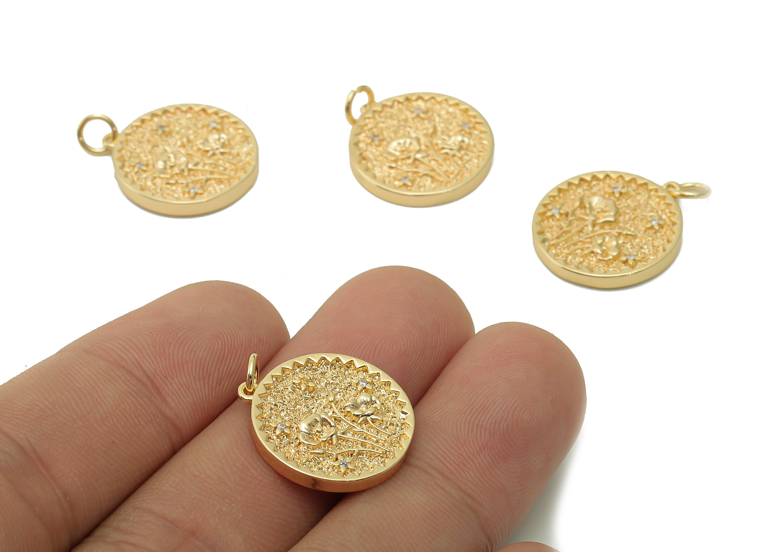 Brass Zig Zag Round Pendant - Zircon Phalaenopsis Flower Earring - Botanical Charm With Loop -18K Real Gold Plating-19.5x17.5x2.5mm-RGP5409L - DOMEDBAZAAR