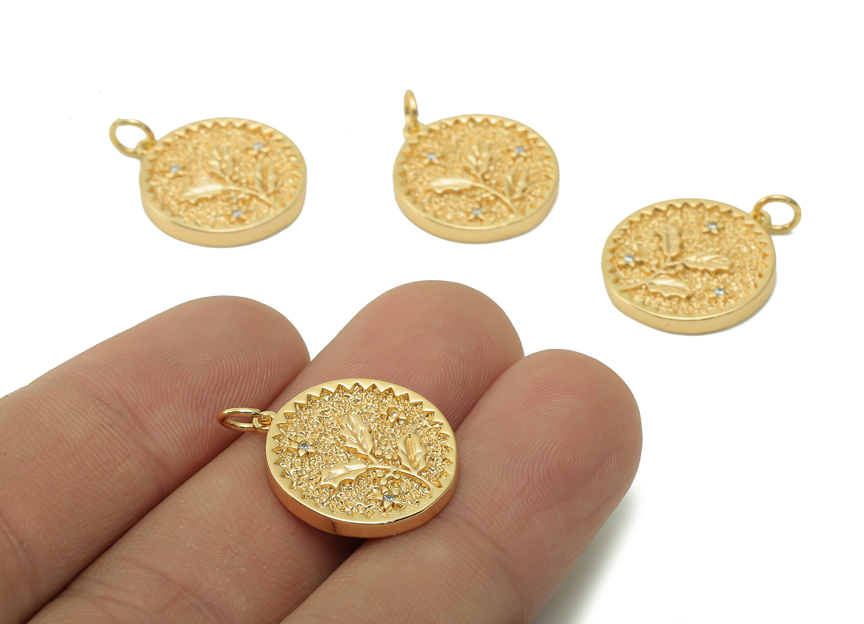 Brass Zig Zag Round Pendant - Zircon Flower Earring - Botanical Charm With Loop - 18K Real Gold Plating Necklace - 19.5x17.5x2.5mm-RGP5409M - DOMEDBAZAAR