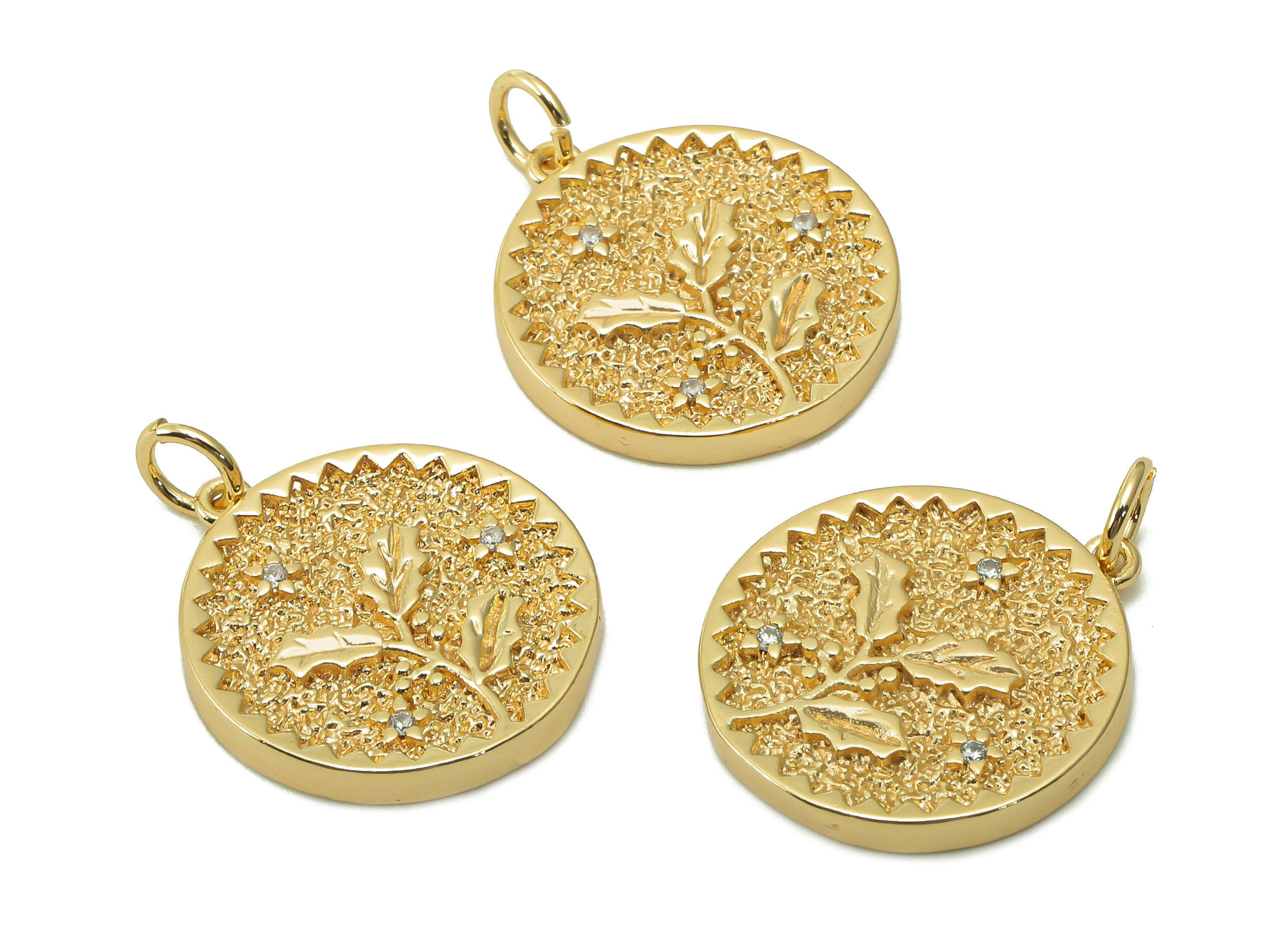 Brass Zig Zag Round Pendant - Zircon Flower Earring - Botanical Charm With Loop - 18K Real Gold Plating Necklace - 19.5x17.5x2.5mm-RGP5409M - DOMEDBAZAAR