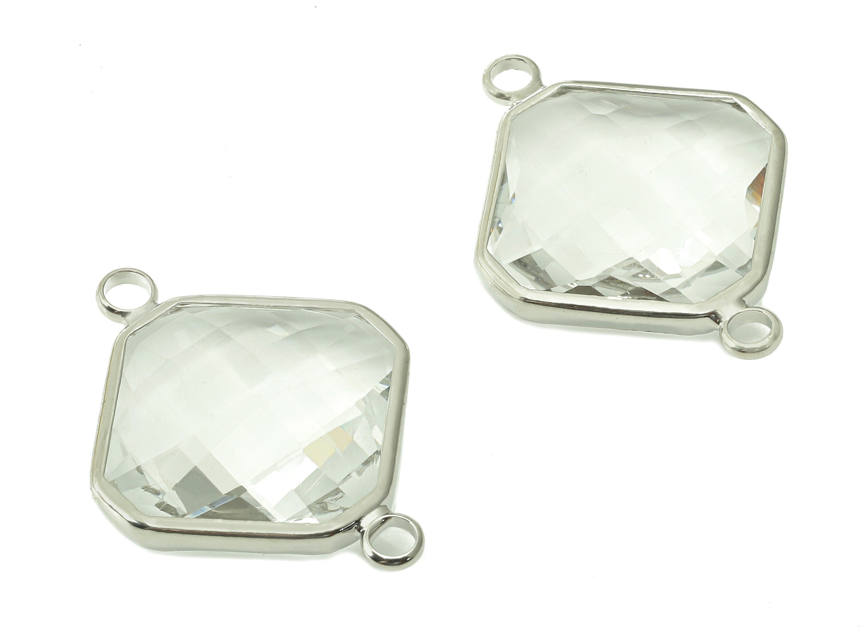 Square Clear Glass Connector - Brass Frame Pendant With 2 Loop - Silver Tone Plating - Faceted Transparent Glass - 26.6x19.7x6.5mm - GS1162 - DOMEDBAZAAR