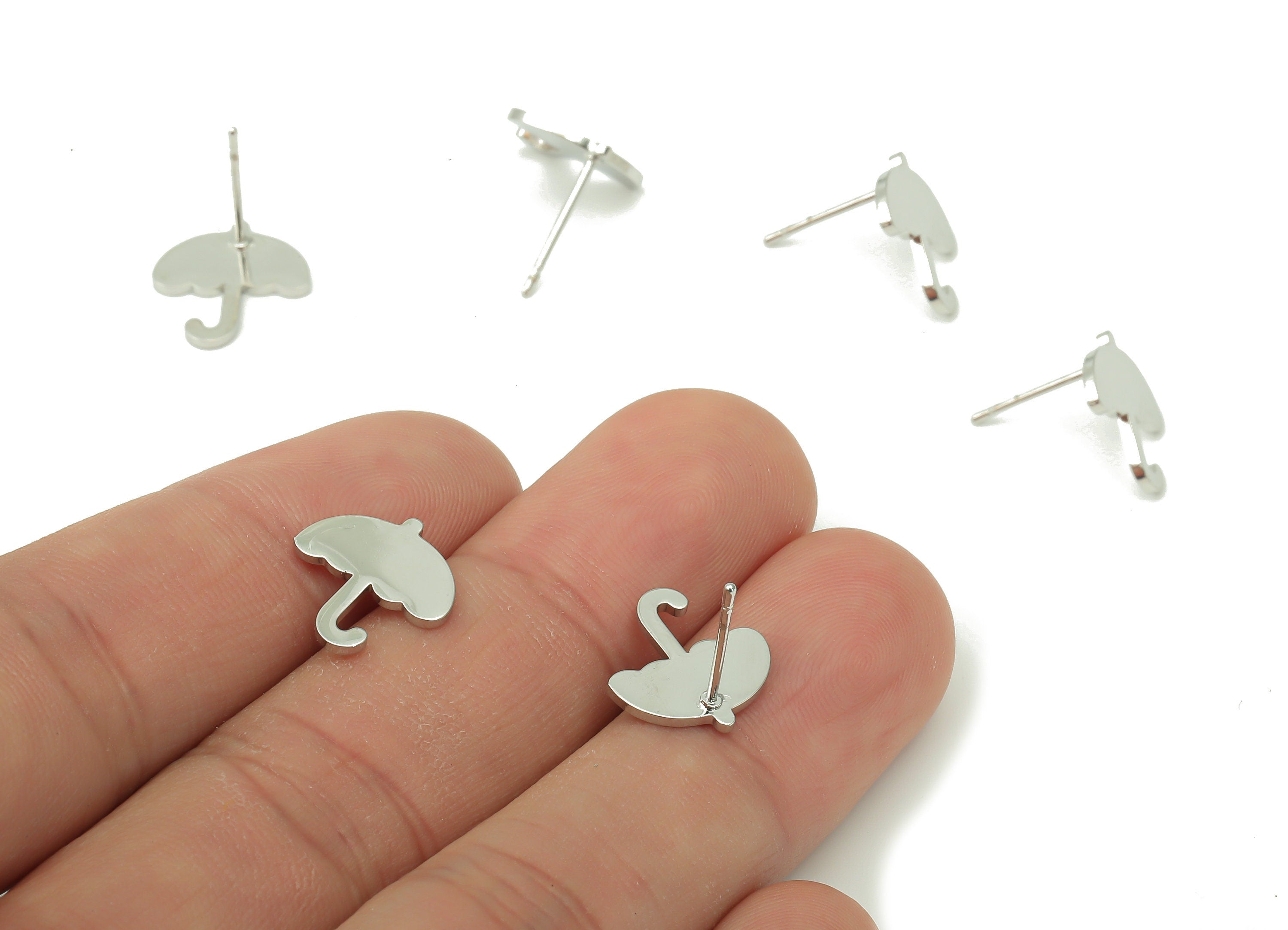 Steel Umbrella Earring Posts - Umbrella Earring Stud - 316 Surgical Stainless Steel Stud - White Gold Tone Plated - 13.2x12.3x0.9mm - SS1375 - DOMEDBAZAAR