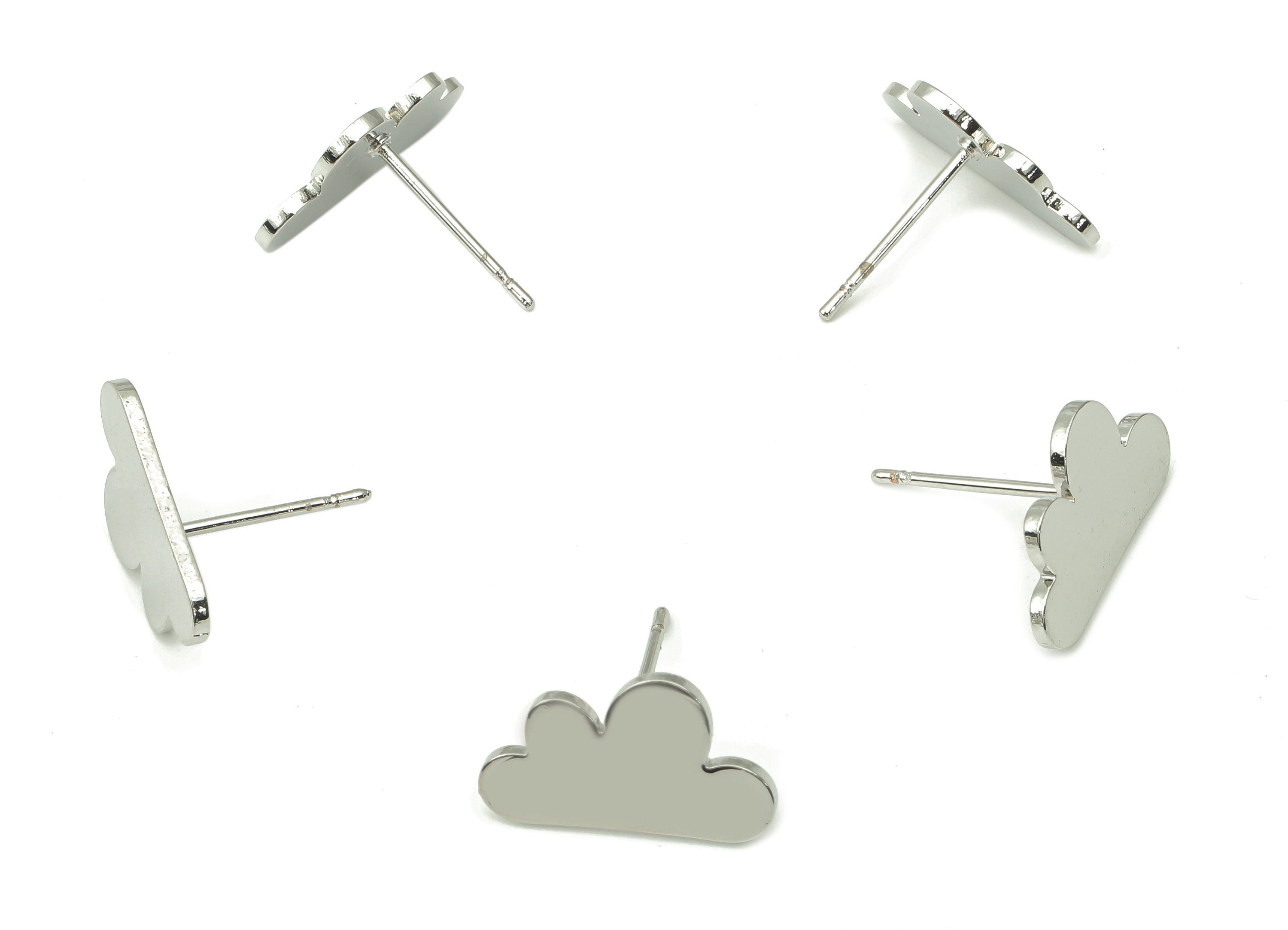 Steel Cloud Earring Posts - Cloud Earring Stud - 316 Surgical Stainless Steel Stud - White Gold Tone Plated - 15x8.9x0.9mm - SS1378 - DOMEDBAZAAR