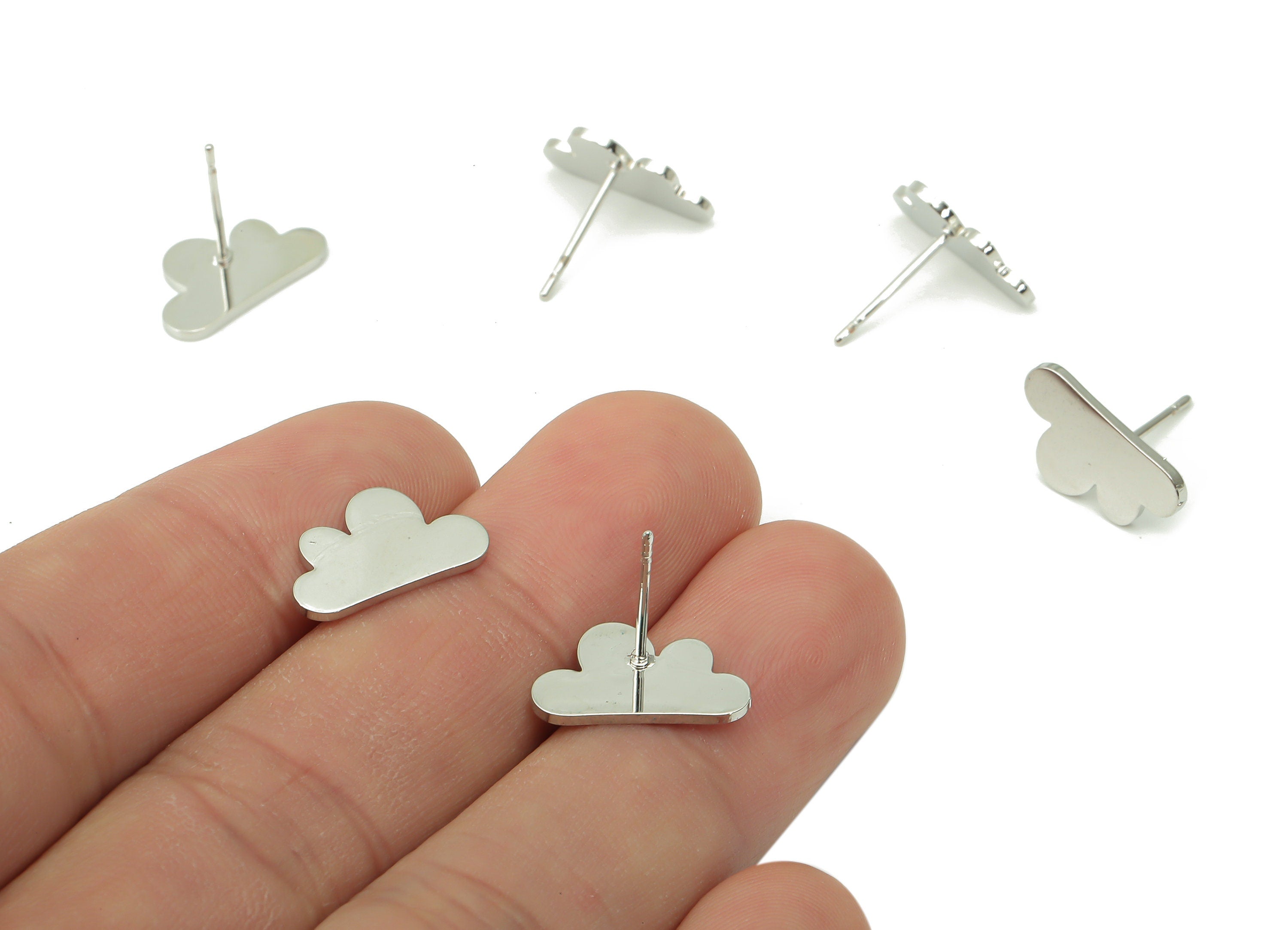 Steel Cloud Earring Posts - Cloud Earring Stud - 316 Surgical Stainless Steel Stud - White Gold Tone Plated - 15x8.9x0.9mm - SS1378 - DOMEDBAZAAR