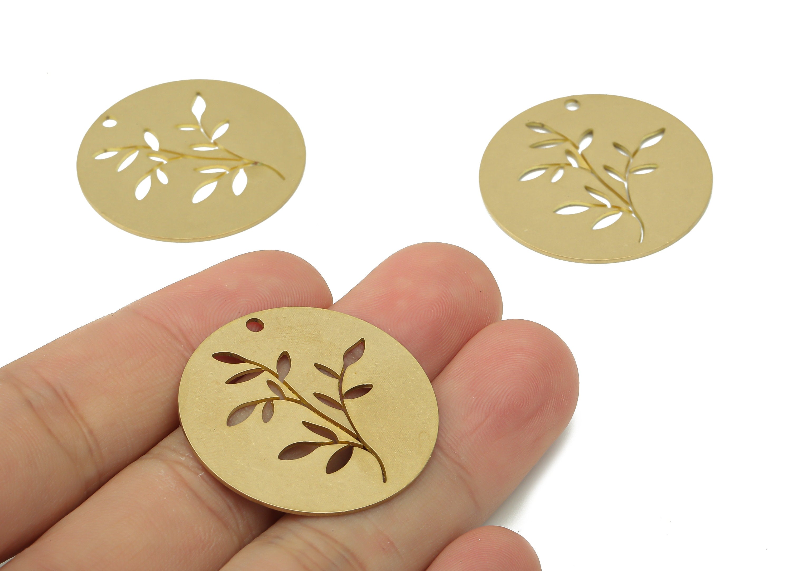 Brass Round Leaves Earring Charms - Raw Brass Circle Leaf Earring - Branch Pendant - Botanical Charm For Necklace - 31.8x31.8x0.6mm -PPA3837 - DOMEDBAZAAR
