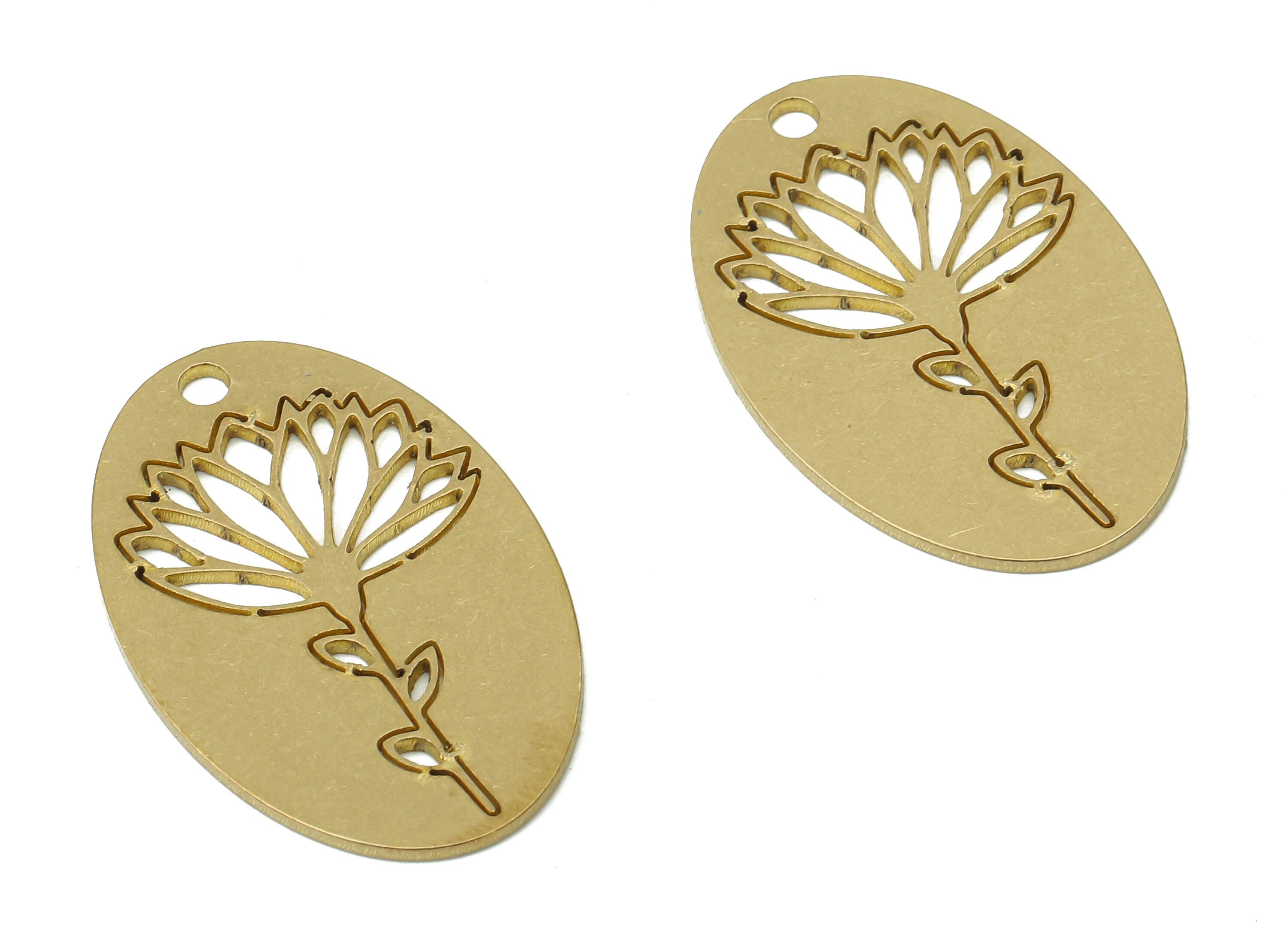 Brass Oval Flower Earring Charms - Raw Brass Flower Earring - Branch Pendant - Botanical Charm For Necklace - 29.3x18.8x0.9mm - PPA3942 - DOMEDBAZAAR