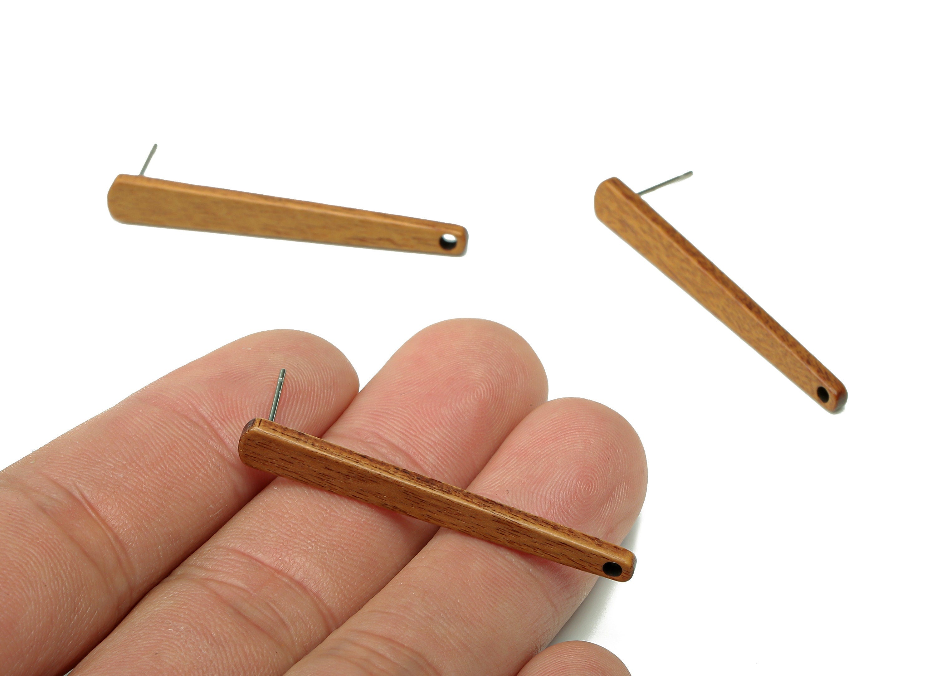 Natural Wooden Long Bar Stud Earring - Walnut Wood Rectangle Earring Post - Brown Stick - 316 Stainless Steel Stud - 42.7x5.6x2.5mm -BB1285 - DOMEDBAZAAR