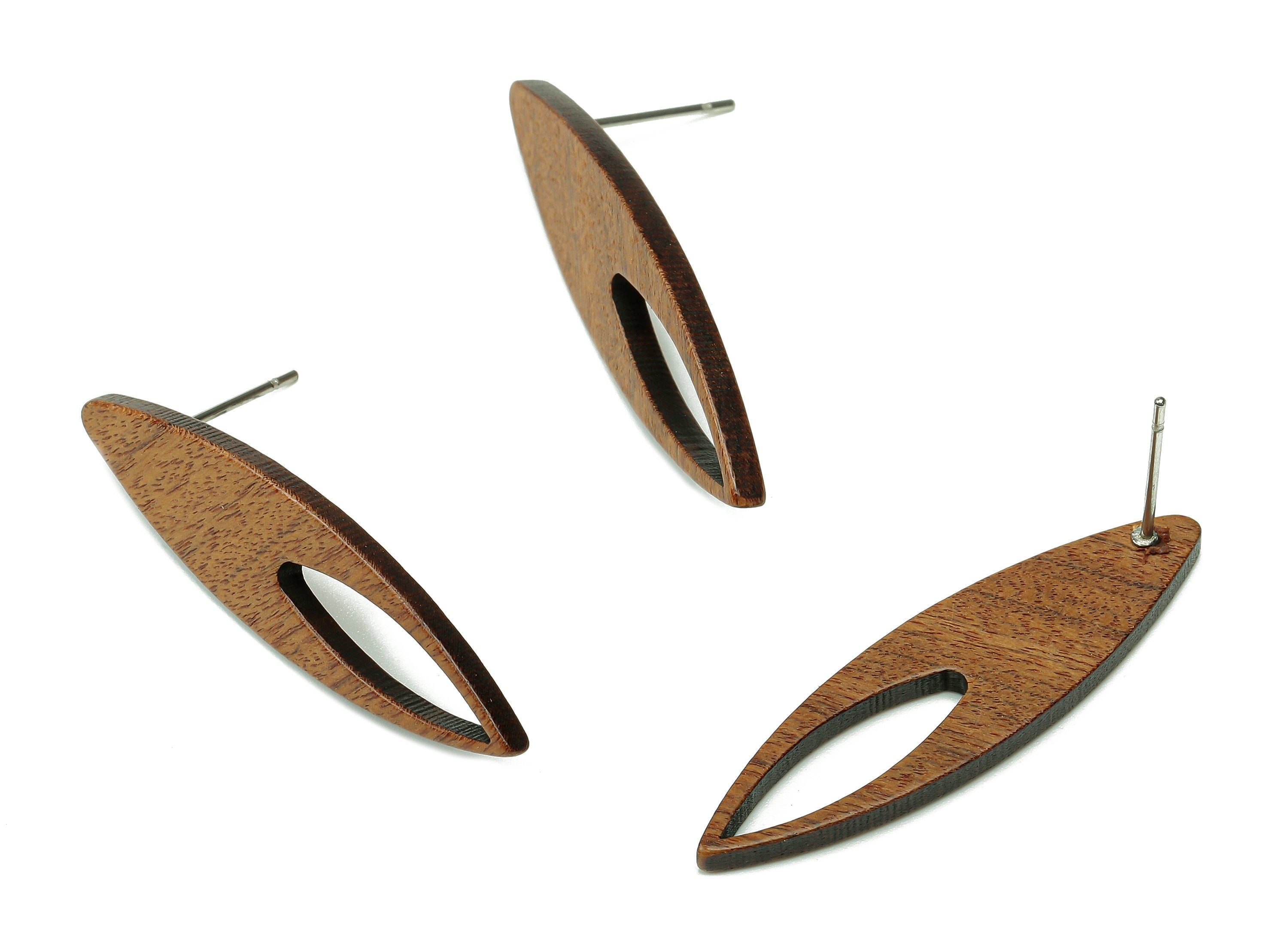 Natural Wooden Marquise Stud Earring - Walnut Wood Earring Post - Brown Marquise Charm - 316 Stainless Steel Stud - 36.4x8.9x2mm - BB1292 - DOMEDBAZAAR