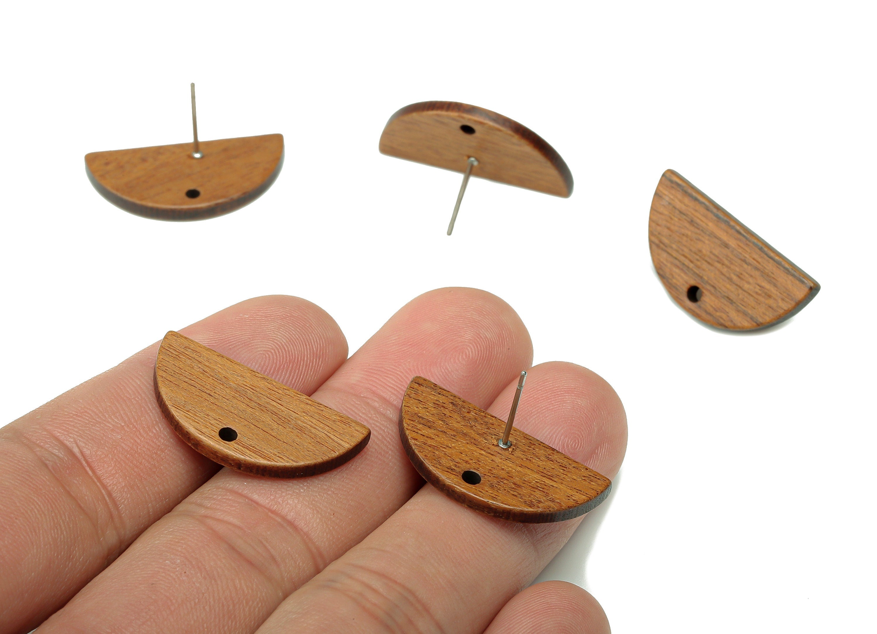 Natural Wooden Semicircle Stud Earring - Walnut Wood Earring Post - Brown Half Round Charm - 316 Stainless Steel Stud-25.9x12.9x2.6mm-BB1294 - DOMEDBAZAAR