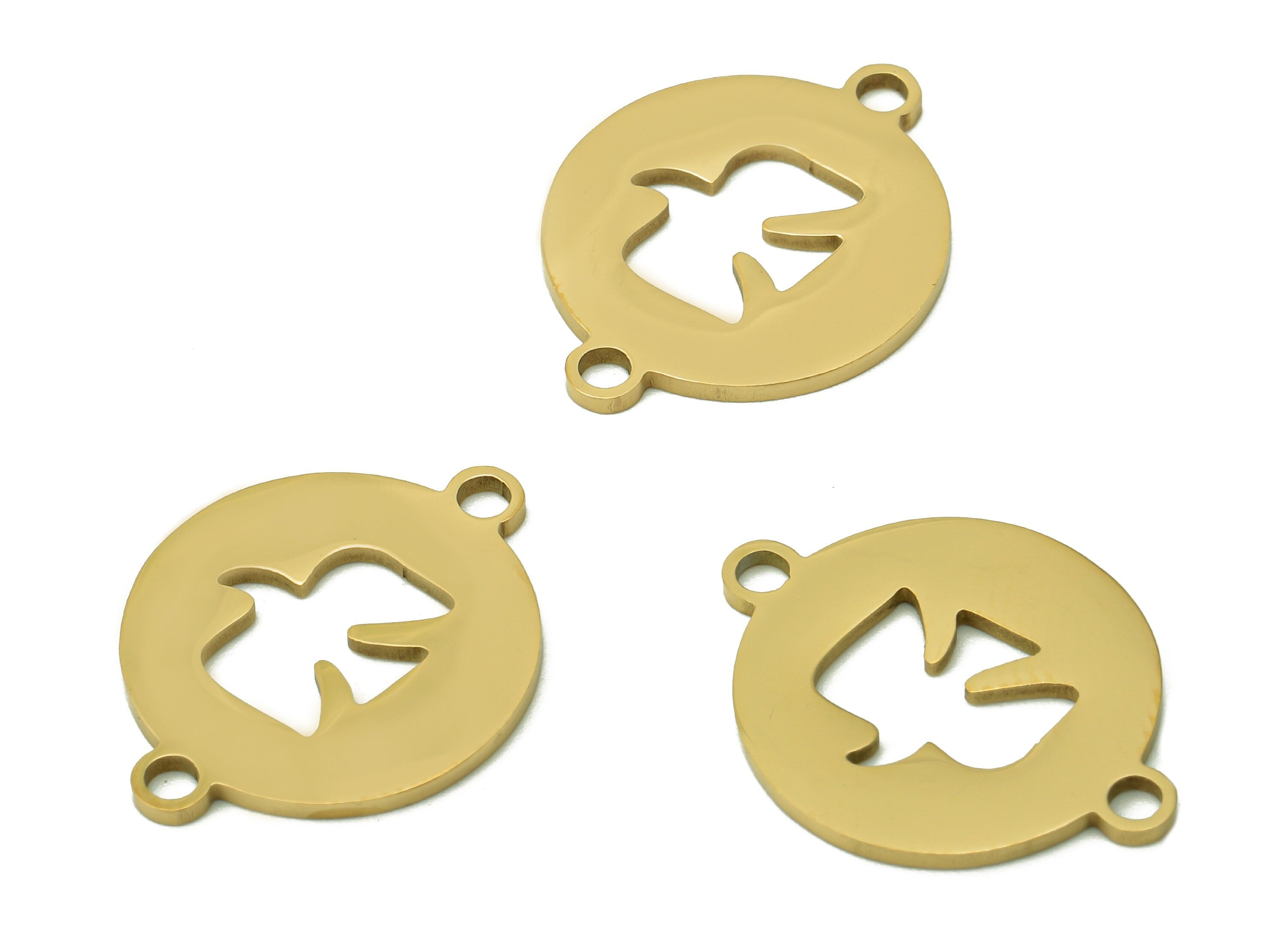 Steel Round Eagle Earring Connector - Bird Circle Charm With 2 Loops - 216 Stainless Steel - 18K Real Gold Plating - 19.8x15.6x0.9mm-SS1412G - DOMEDBAZAAR