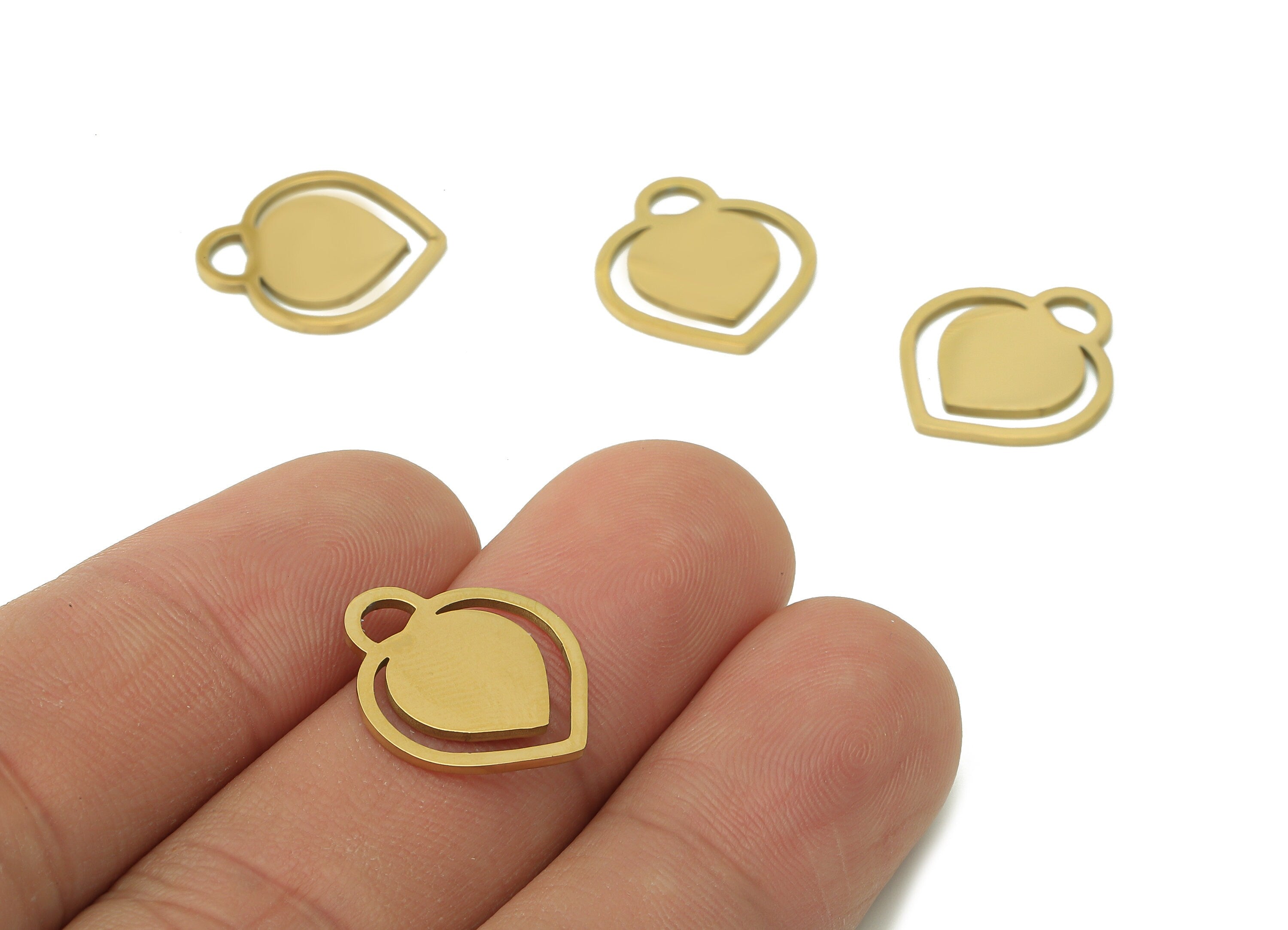 Steel Heart Earring Charm - Hollow Pendant With Loop - 216 Stainless Steel - 18K Real Gold Plating Charm - 17.08x15.28x0.95mm - SS1413G - DOMEDBAZAAR