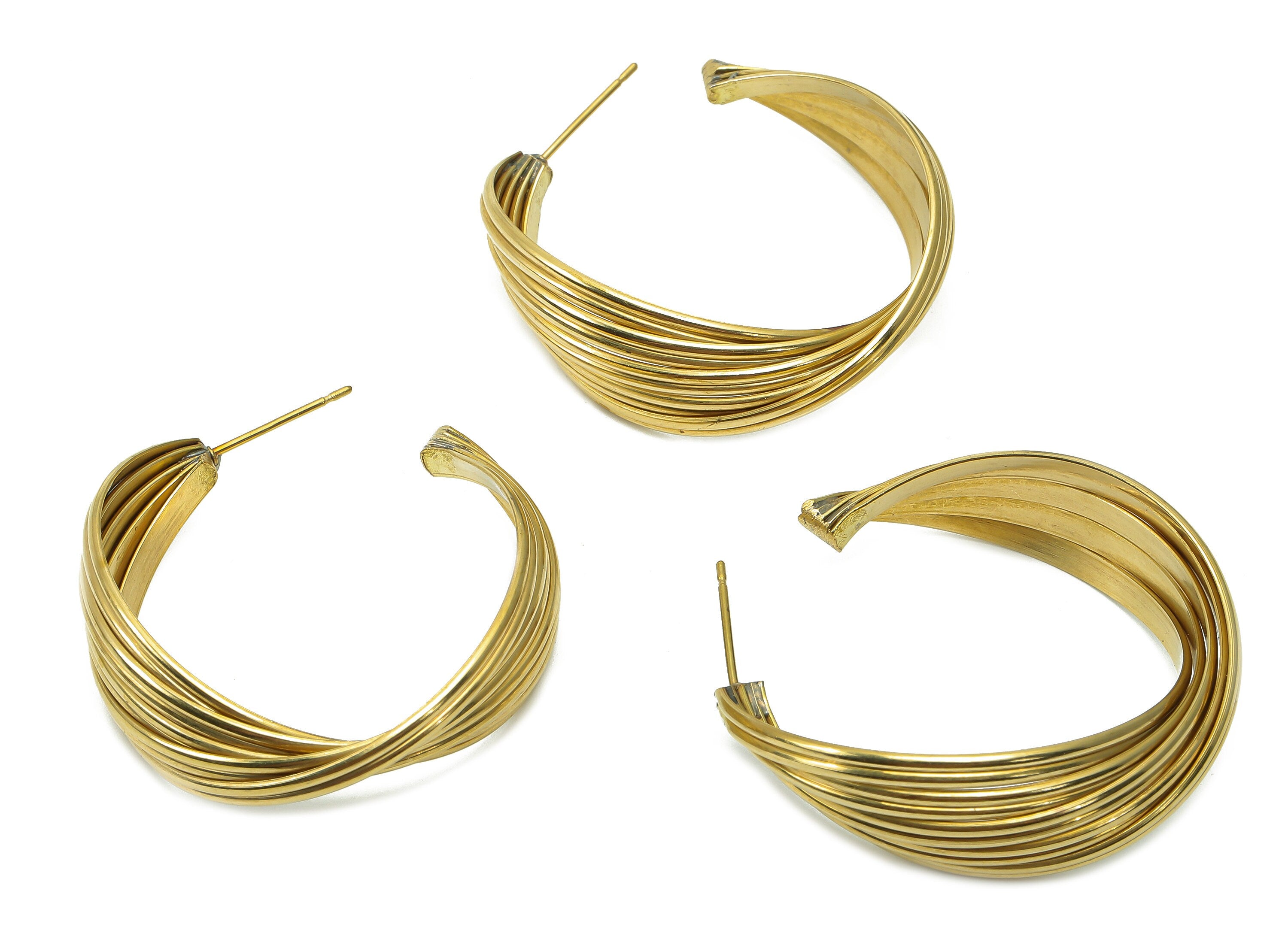 Brass Open Knot Earrings Hoop - Raw Brass C Earring Post - Tie Wide Hoop - Brass Wires Stud Earring - Brass Stud - 34.1x34.4x2.2mm - PP8011 - DOMEDBAZAAR