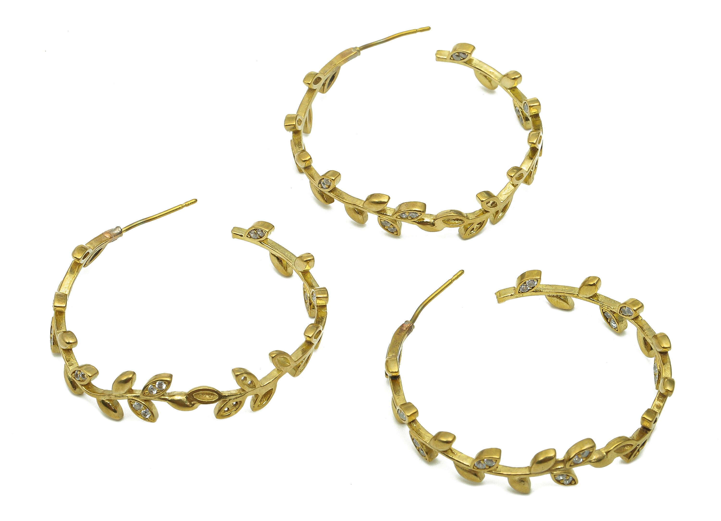 Brass Flower Chaplet Hoop Earring - Raw Brass Wreath C Earring Post - Zircon Branch Hoop Stud Earring - Brass Stud - 34.9x33.6x1.8mm -PP8010 - DOMEDBAZAAR