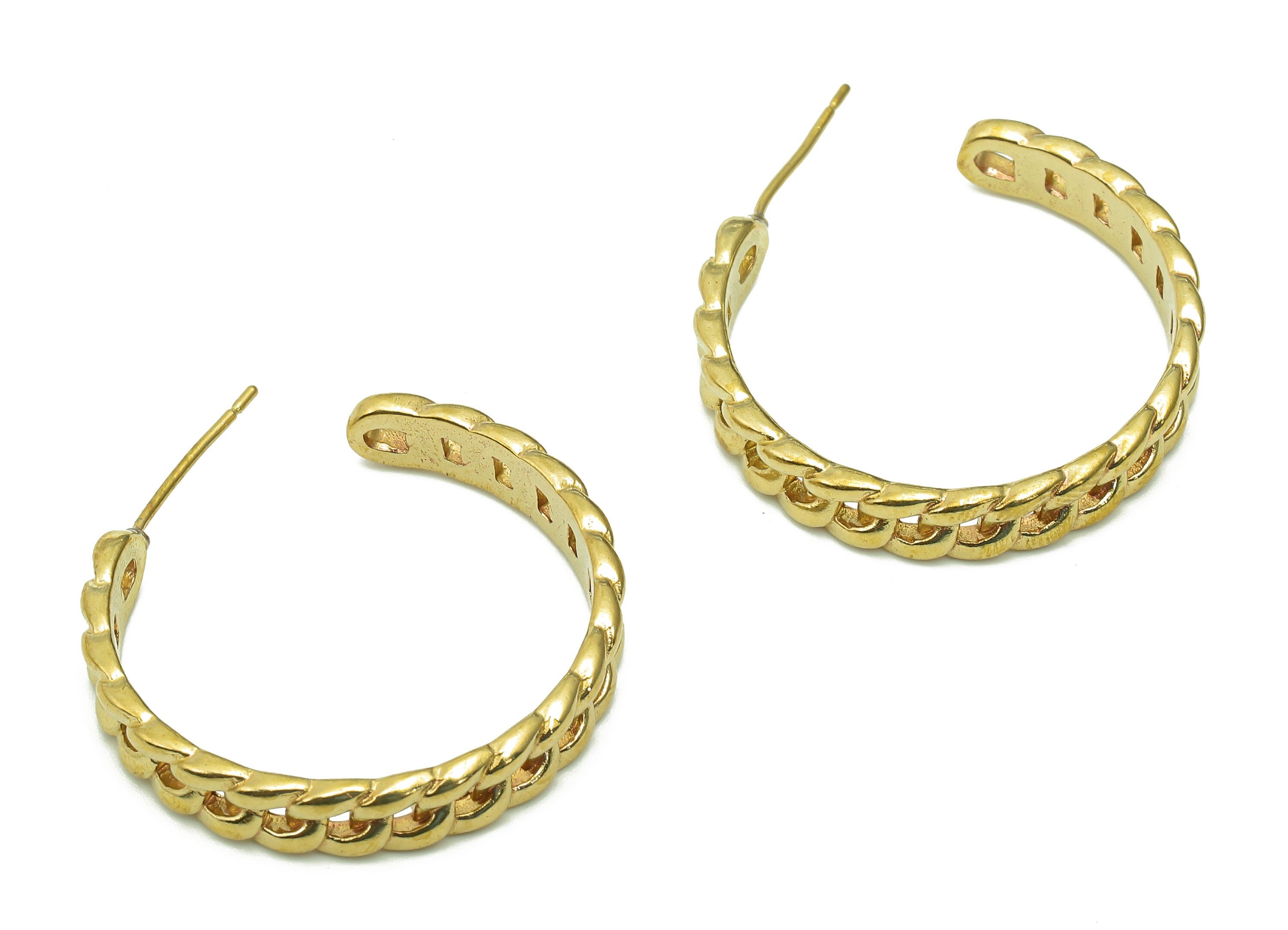 Brass Curb Chain Hoop Earrings Stud - Raw Brass Huggie C Earring Post - Open Huggie Hoop Stud Earring - Brass Stud - 28.3x25.3x1.8mm -PP8014 - DOMEDBAZAAR