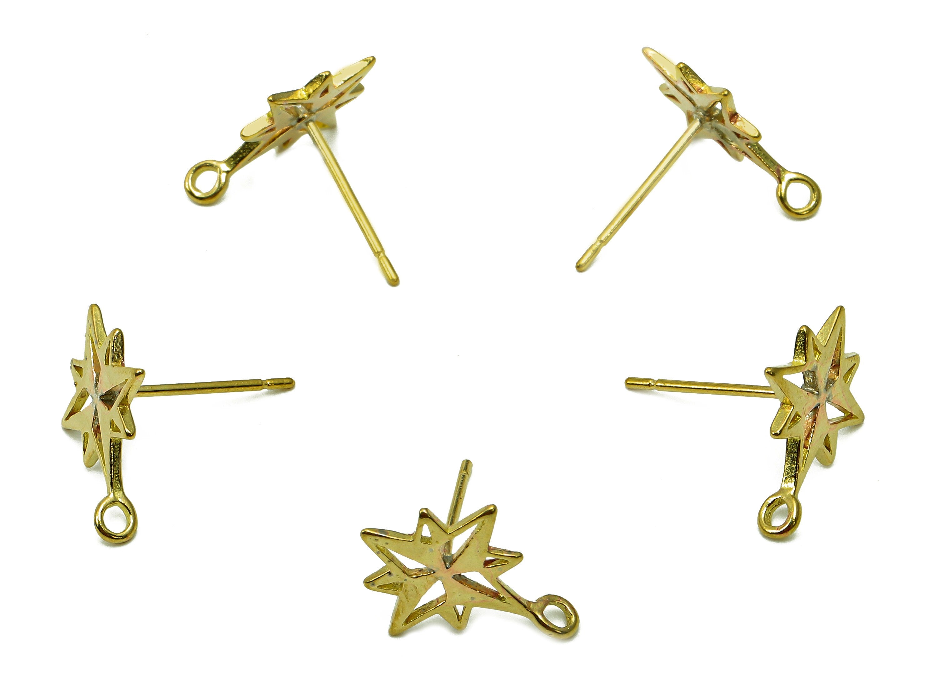 Brass North Star Earrings Stud - Raw Brass Compass Star Earring Post - Star Stud Earring With Loop - Brass Stud - 13.7x11x0.9mm - PP8027 - DOMEDBAZAAR