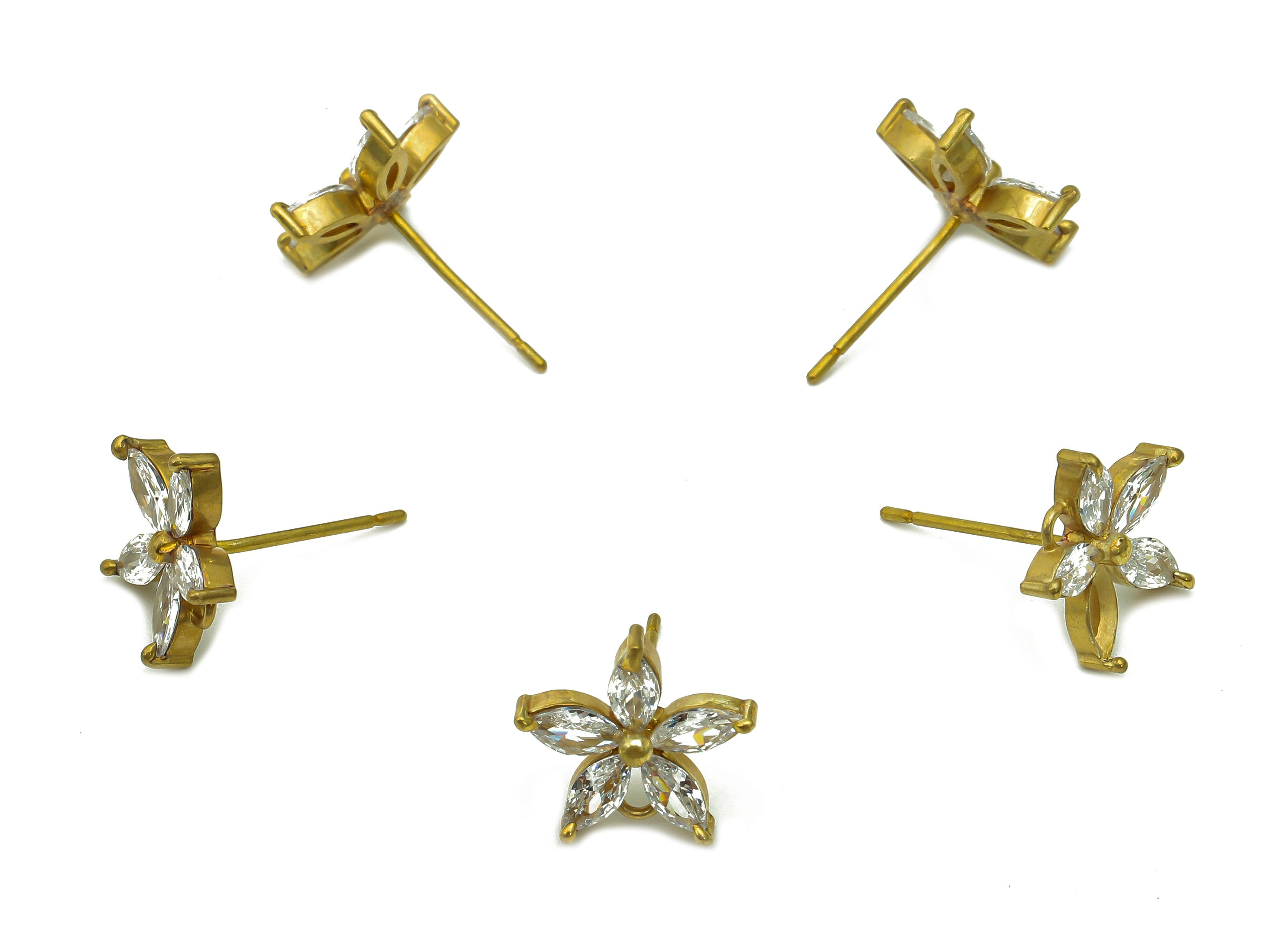 Brass Zircon Flower Earrings Stud - Raw Brass Flower Star Earring Post - Botanical Stud Earring - Brass Stud - 11.2x11.2x2.3mm - PP8033 - DOMEDBAZAAR