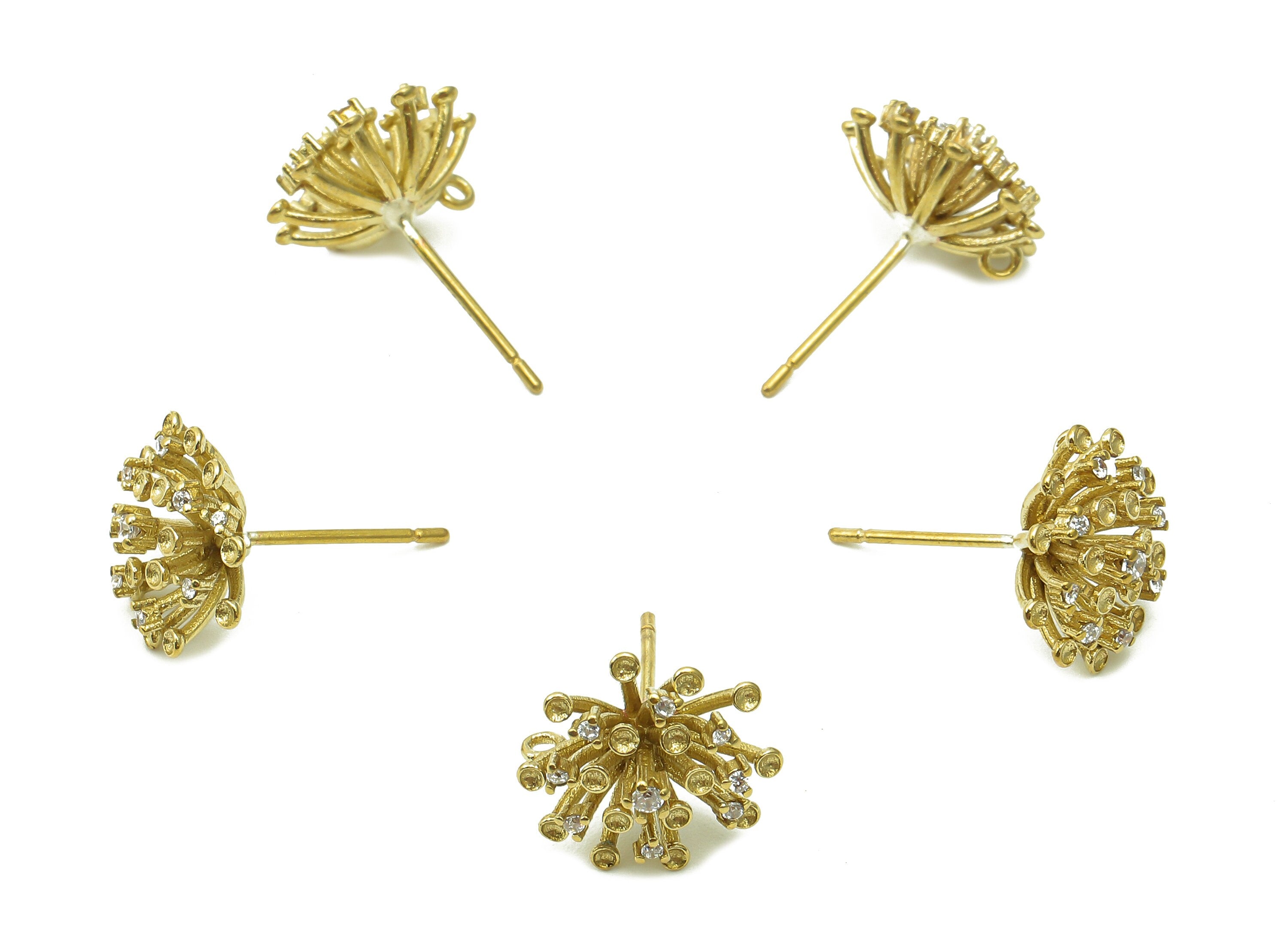 Brass Zircon Flower Earrings Stud - Raw Brass Dandelion Earring Post - Pin Cushion Protea - Brass Stud Earring - 13.2x13.2x5.3mm - PP8034 - DOMEDBAZAAR