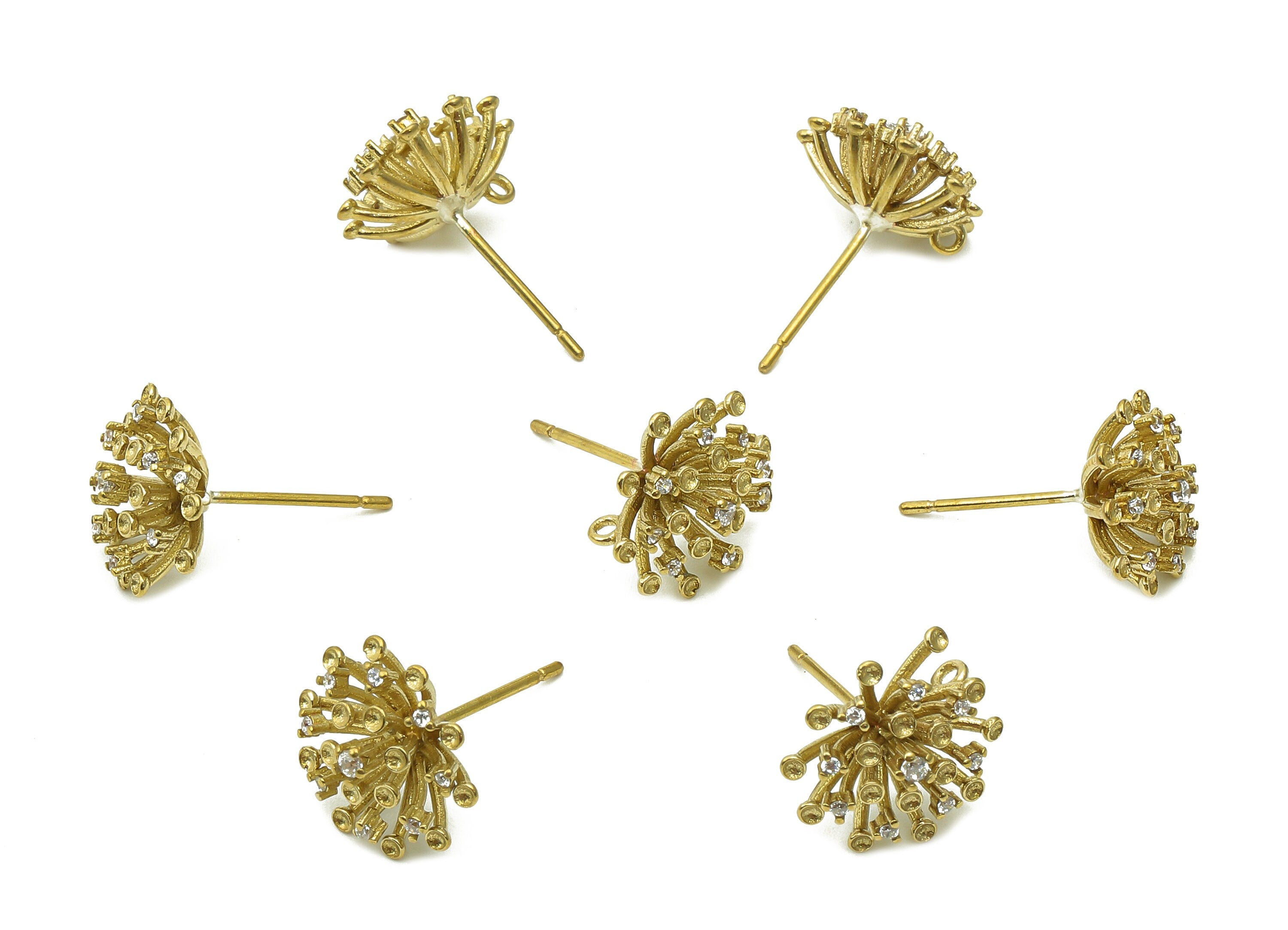 Brass Zircon Flower Earrings Stud - Raw Brass Dandelion Earring Post - Pin Cushion Protea - Brass Stud Earring - 13.2x13.2x5.3mm - PP8034 - DOMEDBAZAAR