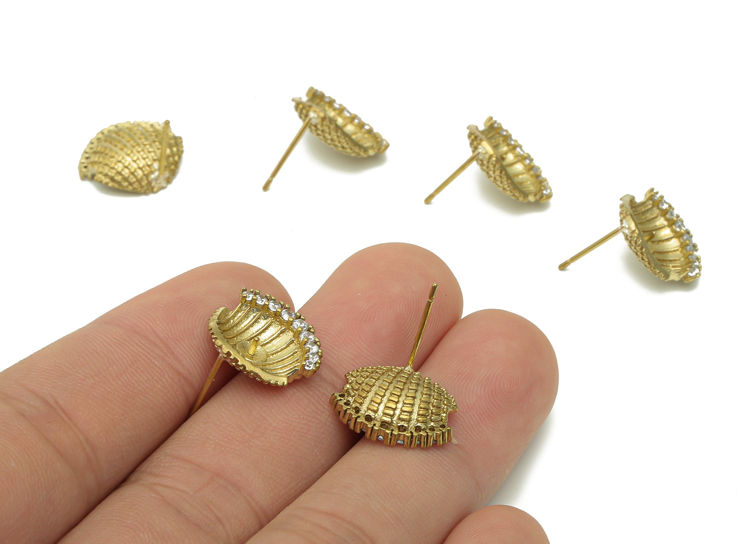 Brass Zircon Eyelash Earrings Stud - Raw Brass Eye Earring Post - Shell Dots Stud Earring - Brass Stud For Pearl - 15.6x13.7x1.5mm - PP8036 - DOMEDBAZAAR