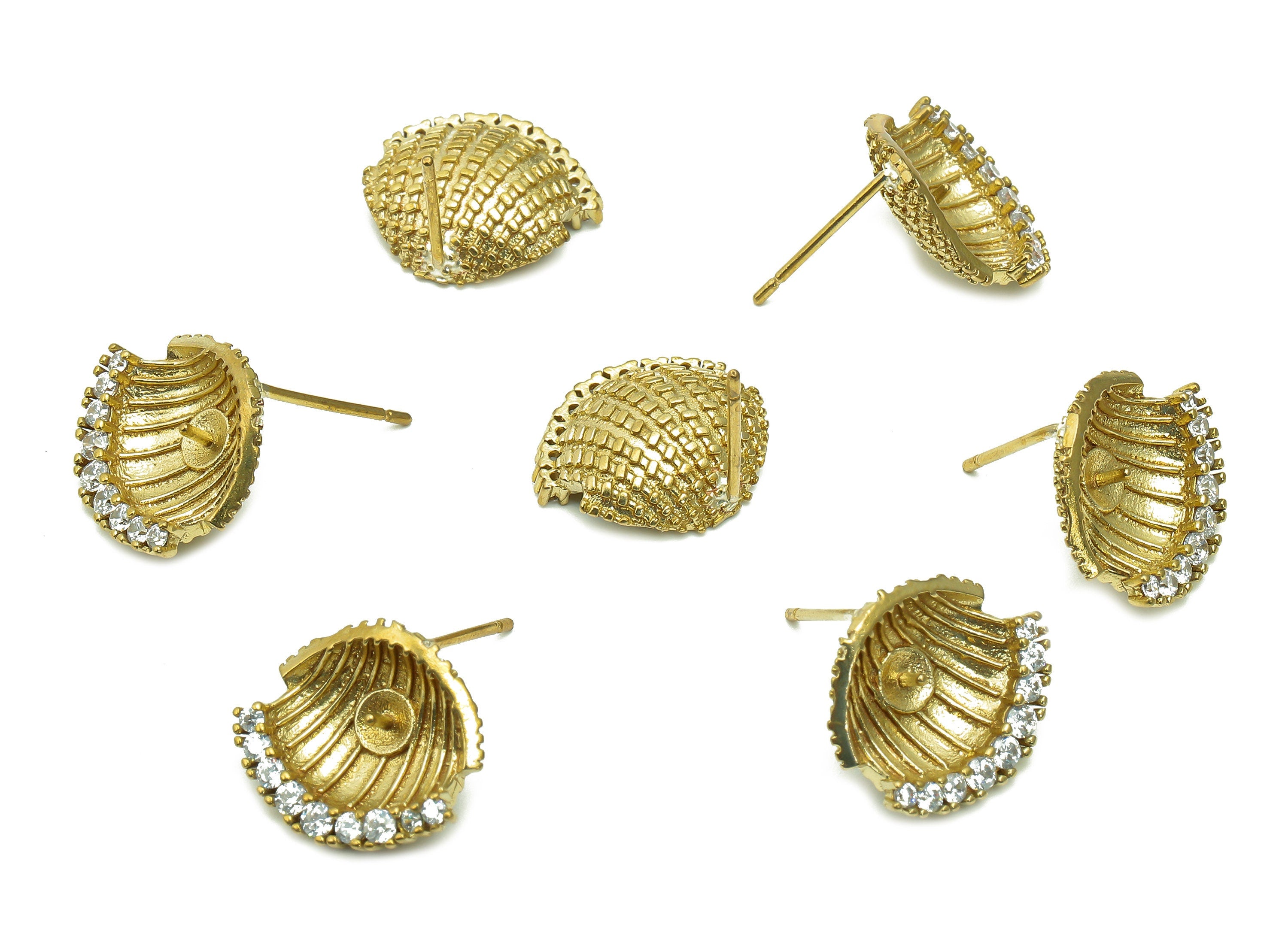 Brass Zircon Eyelash Earrings Stud - Raw Brass Eye Earring Post - Shell Dots Stud Earring - Brass Stud For Pearl - 15.6x13.7x1.5mm - PP8036 - DOMEDBAZAAR