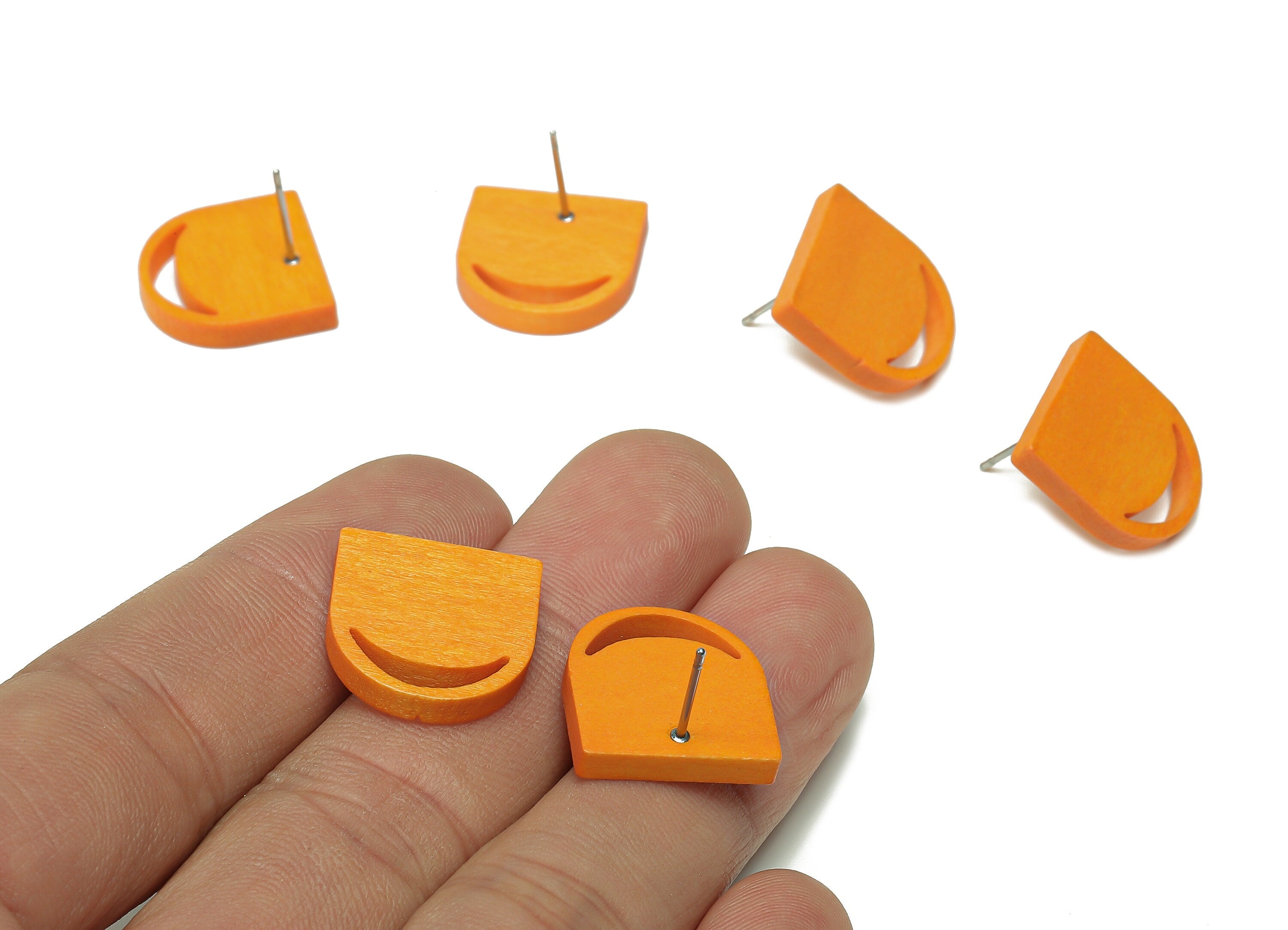 Hemu Wood Domed Earring Stud - Orange Domed Earring Post - Stainless Steel Stud - Crescent Hollow Out Earring - 16.5x16.5x3.3mm - BB1278B - DOMEDBAZAAR