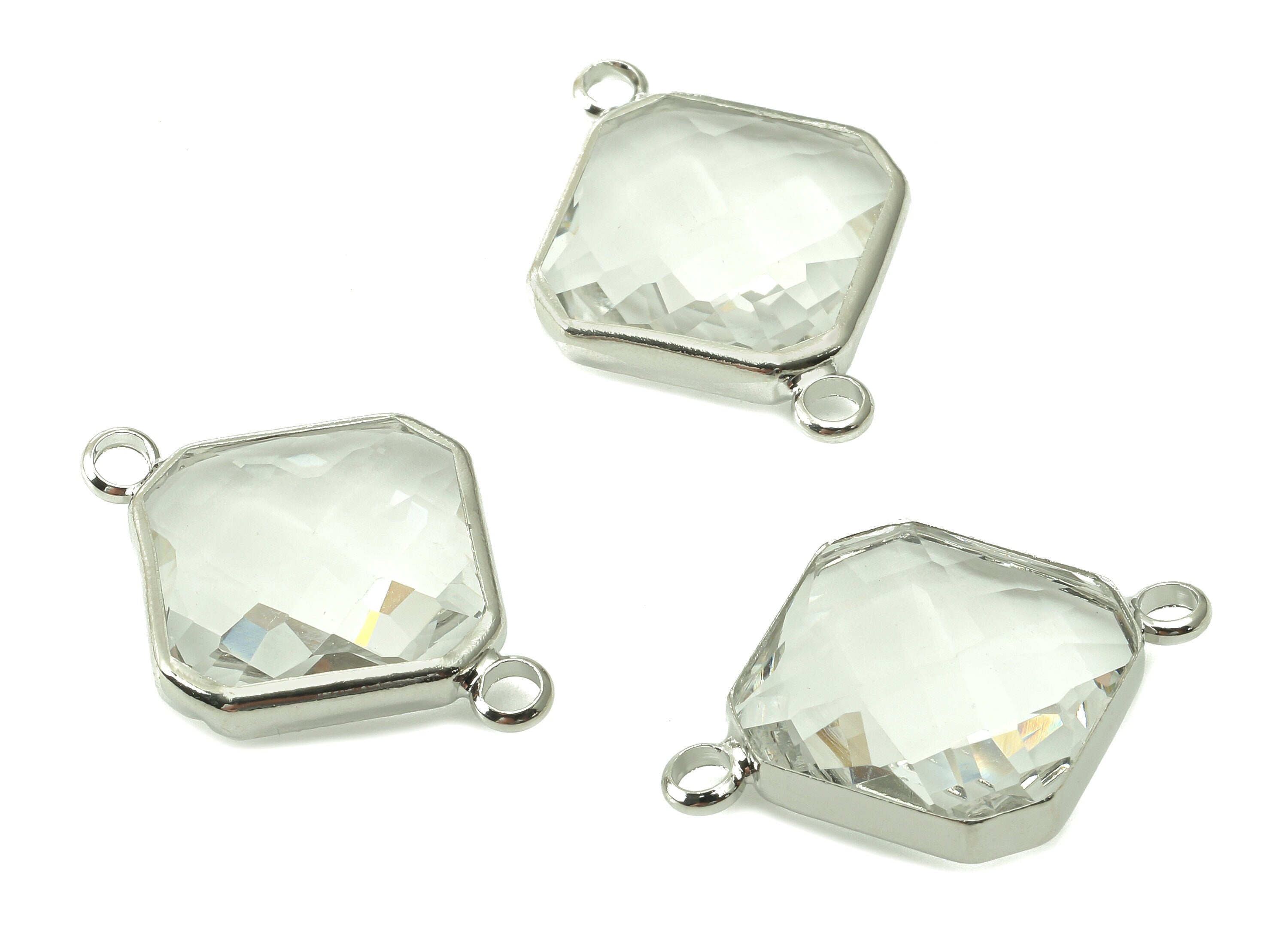 Square Clear Glass Connector - Brass Frame Pendant With 2 Loop - Silver Tone Plating - Faceted Transparent Glass - 23.6x17x5mm -GS1148S - DOMEDBAZAAR