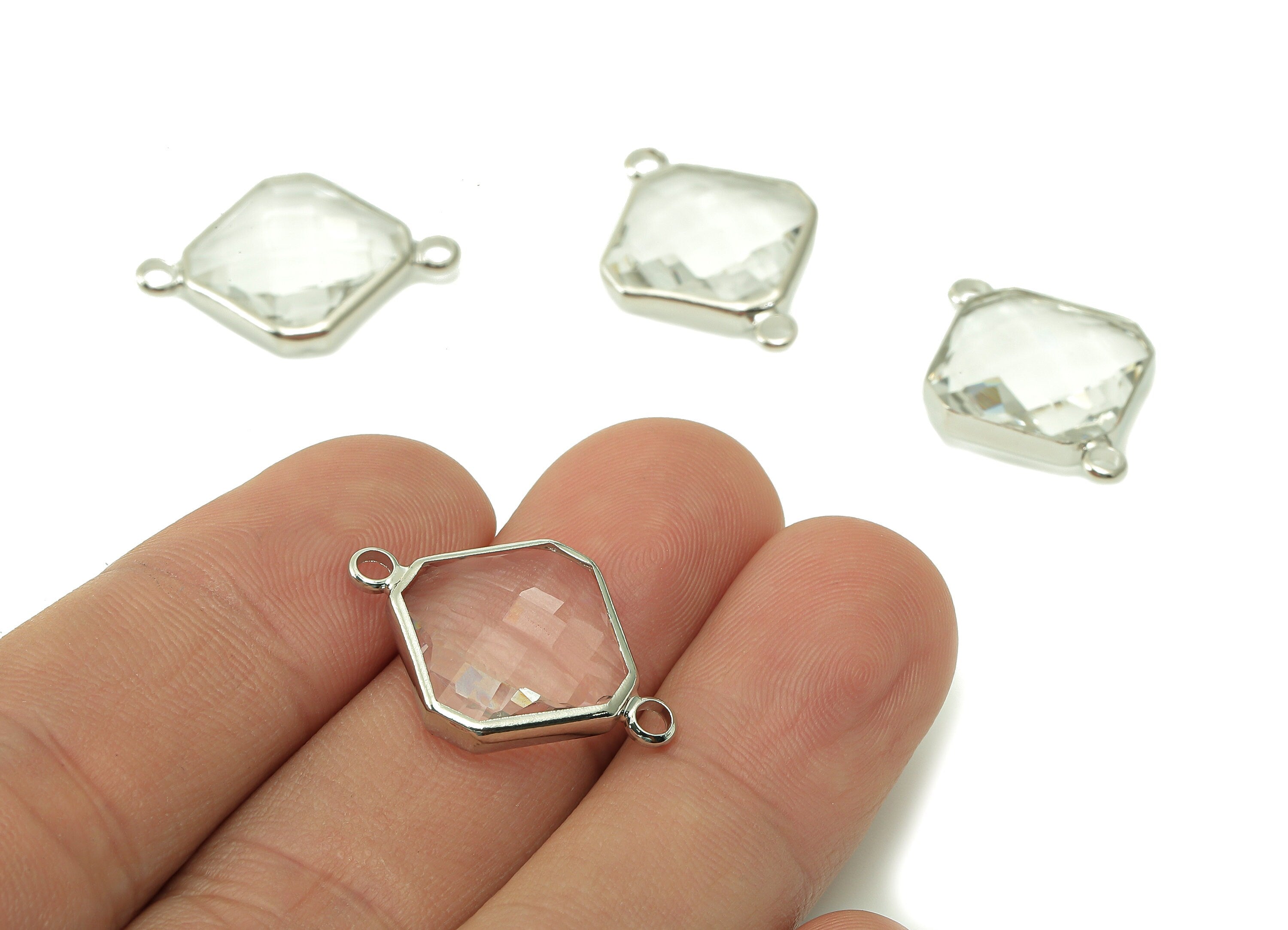 Square Clear Glass Connector - Brass Frame Pendant With 2 Loop - Silver Tone Plating - Faceted Transparent Glass - 23.6x17x5mm -GS1148S - DOMEDBAZAAR