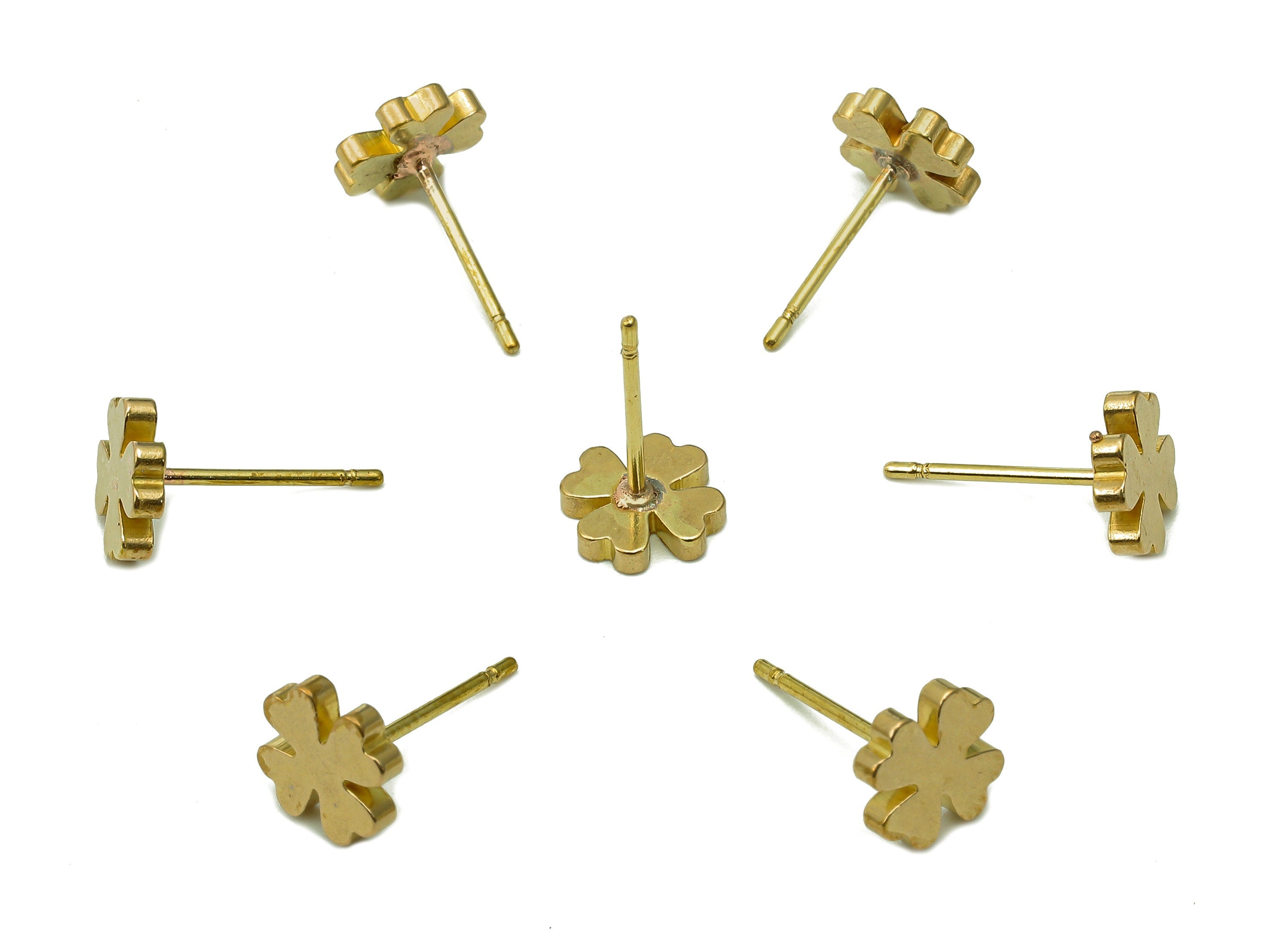 Brass Mini Flower Earrings Stud - Raw Brass Cloverleaf Earring Post - Mini Botanical Stud Earring - Brass Stud - 7.3x7.3x1.6mm - PP8052 - DOMEDBAZAAR