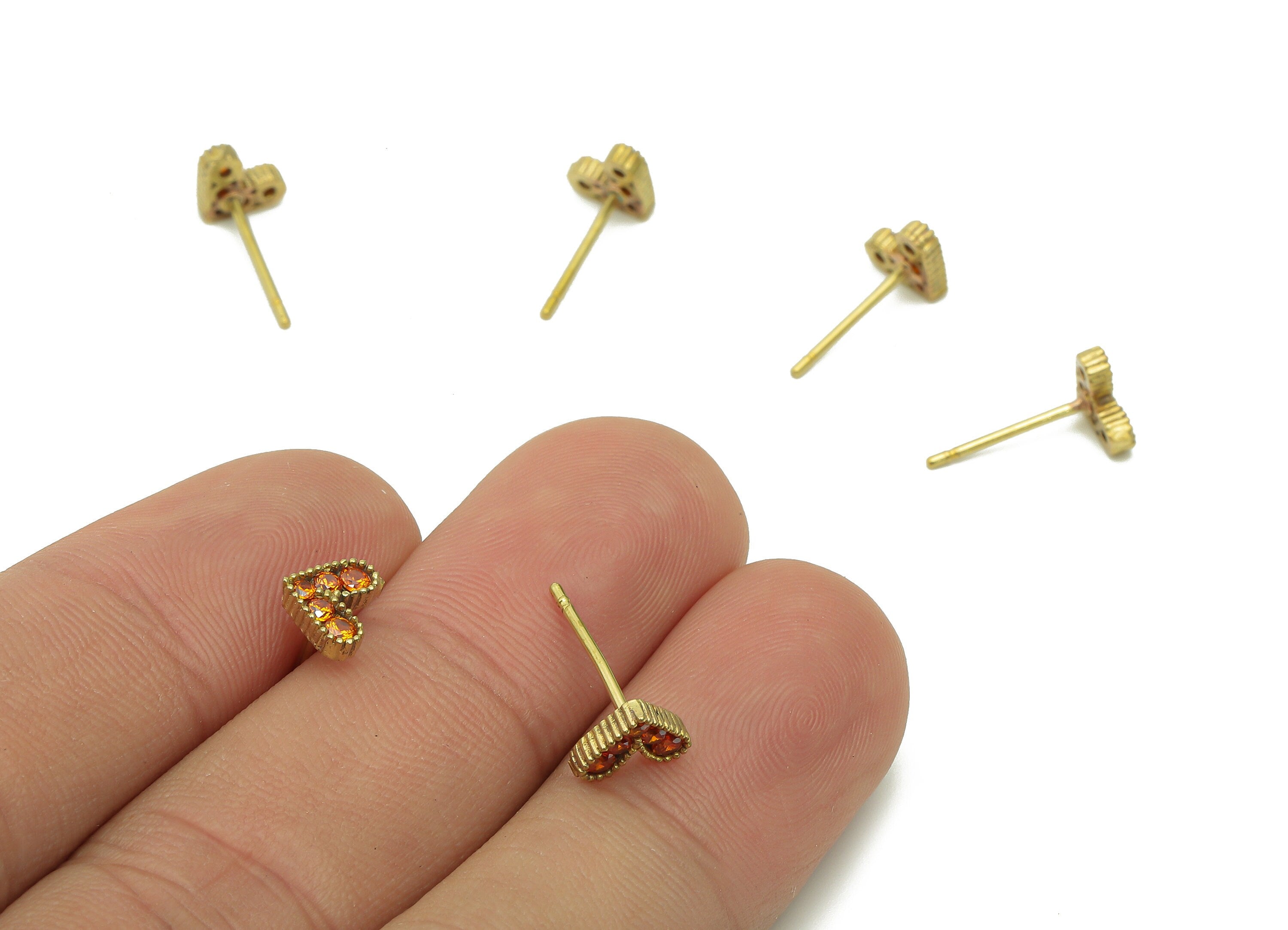 Brass Zircon Heart Earrings Stud - Raw Brass Orange Heart Earring Post - Mini Heart Stud Earring - Brass Stud - 7.4x5.9x1.8mm - PP8054 - DOMEDBAZAAR