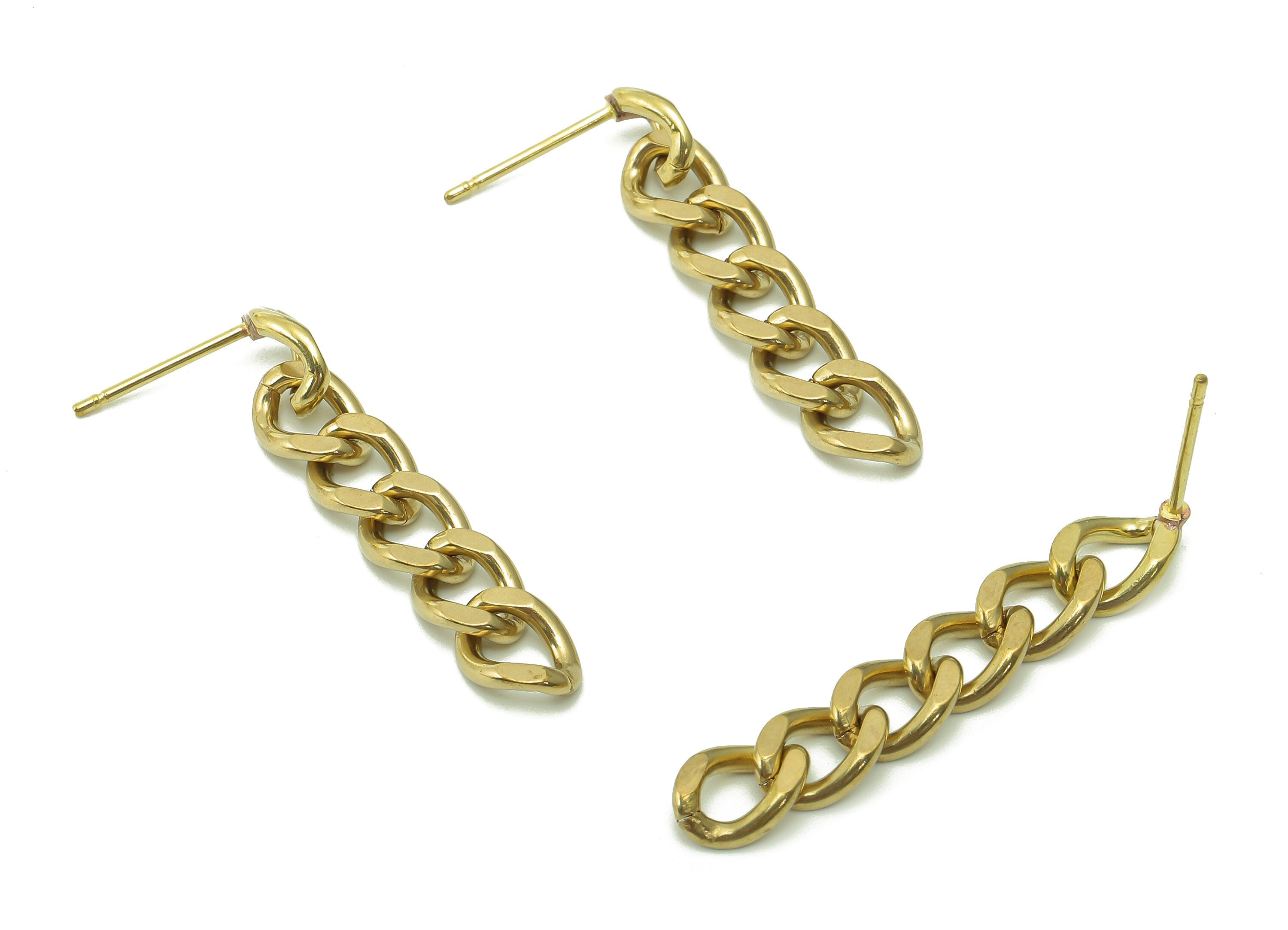 Brass Faceted Chain Earring Stud - Raw Brass Curb Chain Earring Post - Faceted Chain Stud Earring - Silver Needle - 35.3x6.4x1.5mm - PP7996 - DOMEDBAZAAR