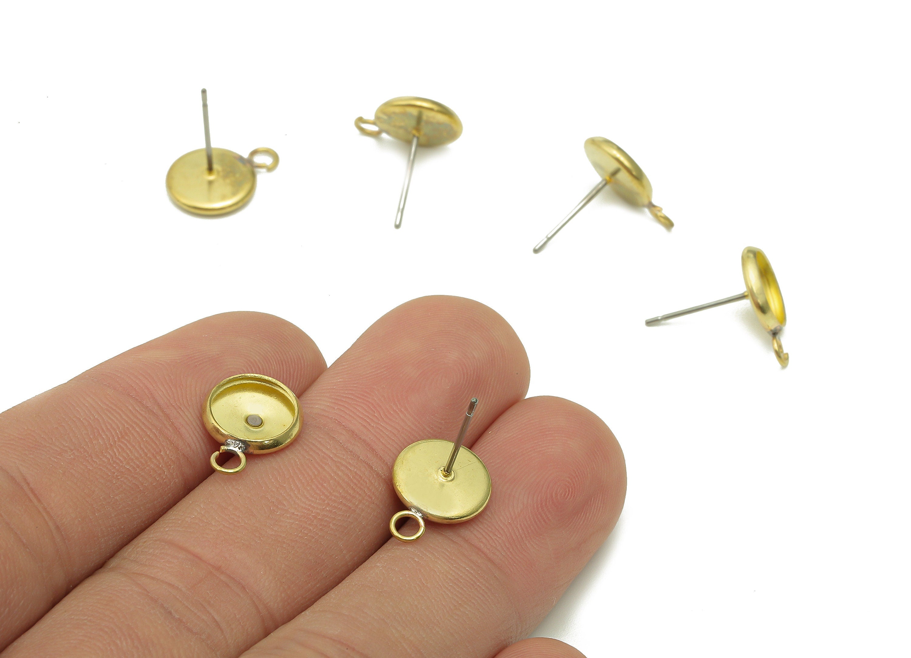 Brass Cabachon Stud Earring - Raw Brass Circle Earring Post - Round Pot Earring With Loop - Stainless Steel Stud - 13.4x9.9x1.6mm -PP8075-10 - DOMEDBAZAAR