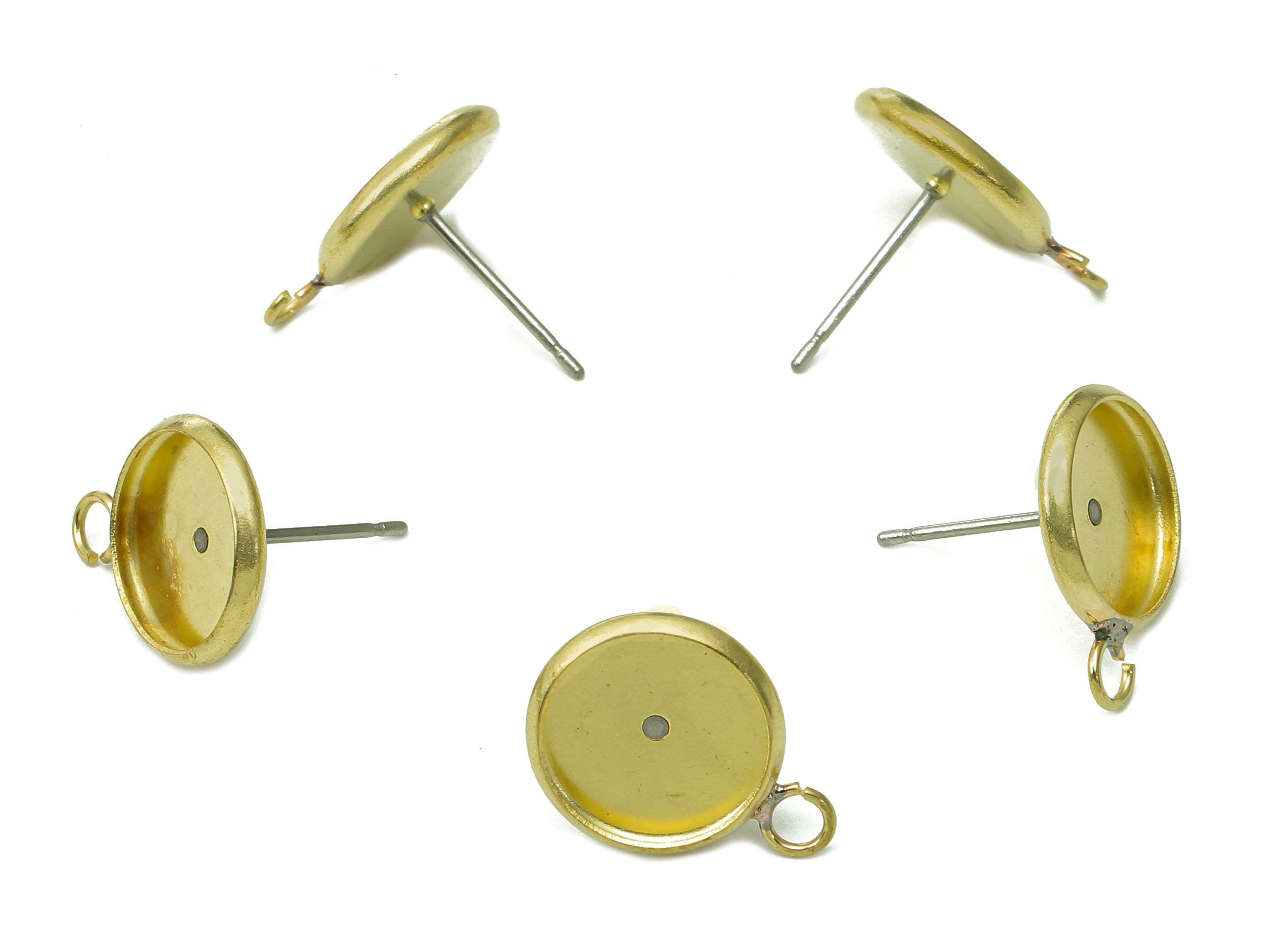 Brass Cabachon Stud Earring - Raw Brass Circle Earring Post - Round Pot Earring With Loop - Stainless Steel Stud - 15.3x11.8x1.4mm-PP8075-12 - DOMEDBAZAAR